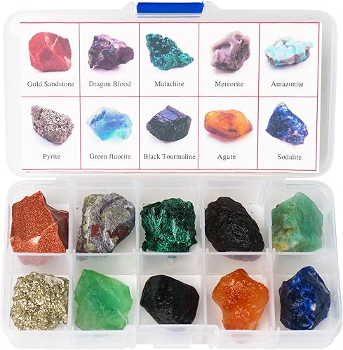 10 piedras naturales crudas en bruto, piedra de oro rojo, amazonita, sodalita, cristal curativo, muestra mineral, caja de regalo, meditación de