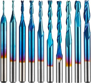 Genmitsu 10pcs 2-Flute Nano Blue Coat Flat Nose Spiral End Mill, 1/8'' Shank, 1mm-3.175mm Cutting Diameter, CNC Router Bits for Wood Working Acrylic MDF PVC ABS, FN10A