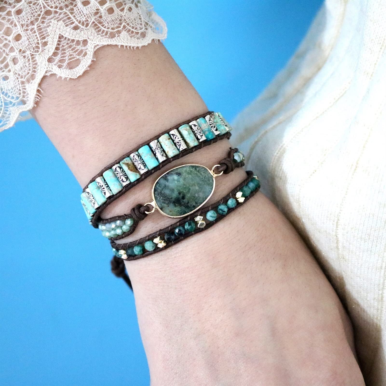 LYGBAOFUL Pulseras Piedras Naturales africanas Cuentas de Metal Vintage Triple hebras Pulseras de Cuero joyería