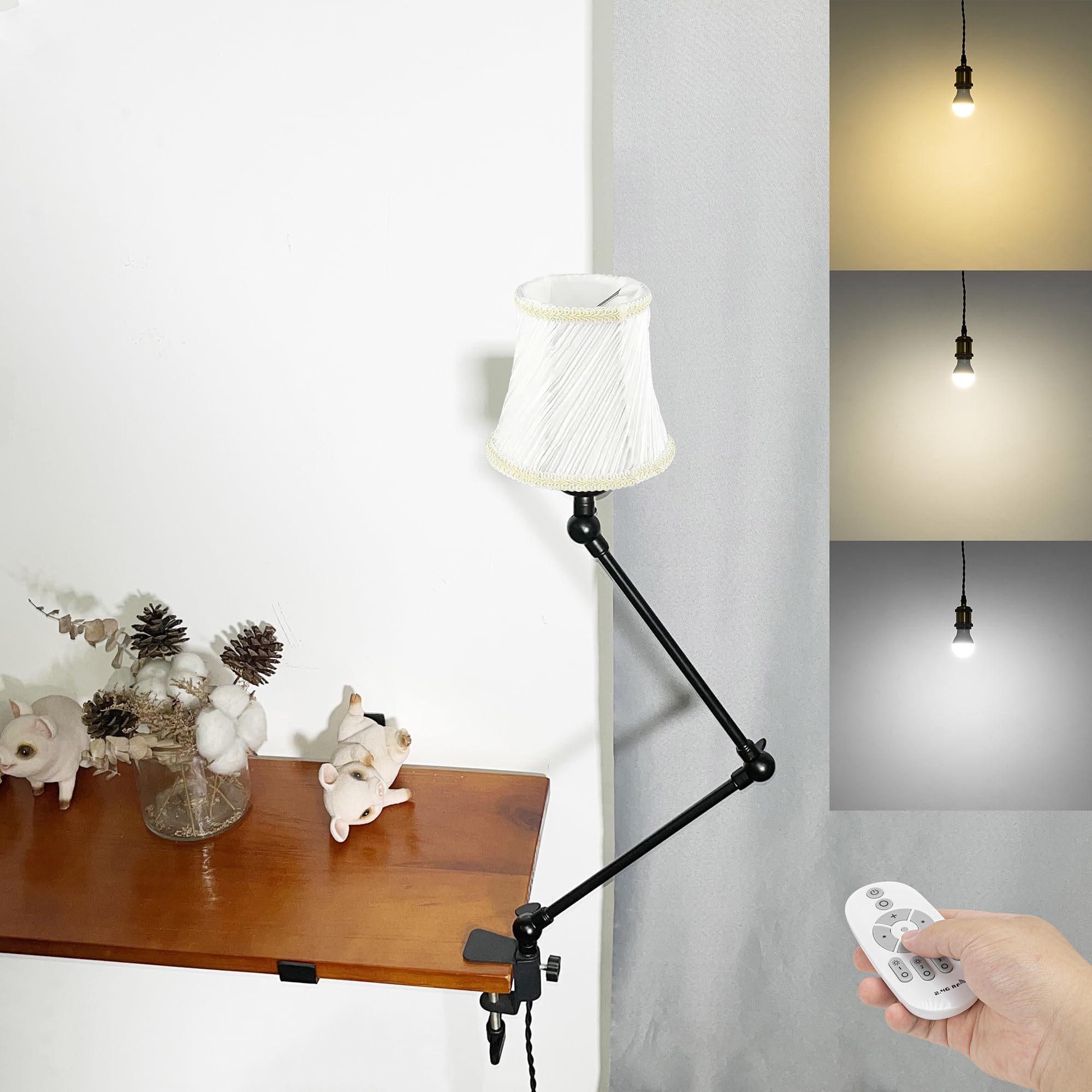 Klemmleuchte mit Fernsteuerung,1 Packung Leselampe mit 2,5 m Kabel, Dimmbar Nachttischlampe,Augenpflege Schreibtischlampe für Büro Heimgebrauch, E27 Lampenhalterung - DZ0332/11