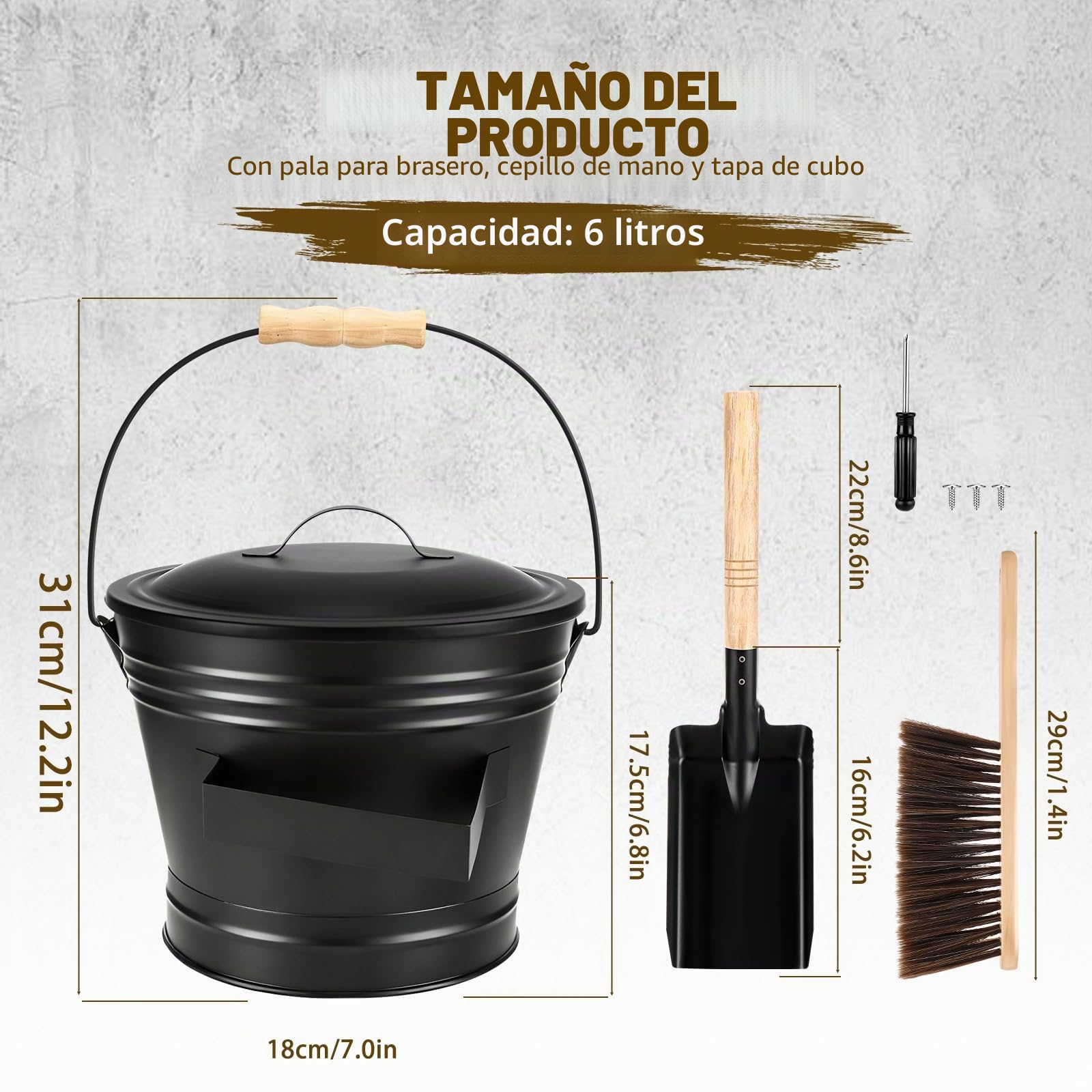 Cubo Tapa, 6L Cubo Cenizas con Tapa, Accesorio Chimenea con Pala, Escoba, Cubo de Cenizas de Metal para chimeneas, Estufas de leña, Carbón y Ceniza