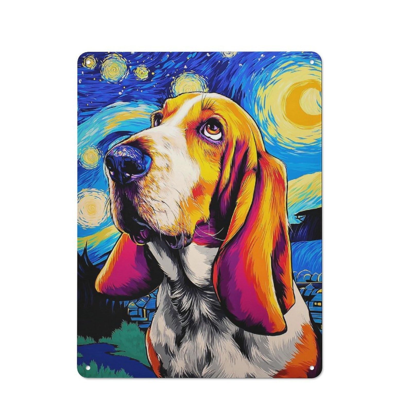 Junmoney Starry Night Basset Hound Metal Wall Sign 40X30cm Featuring For Café Or Home Bar, A Winter Wall Decor Update For Hospitality Decor Collectors