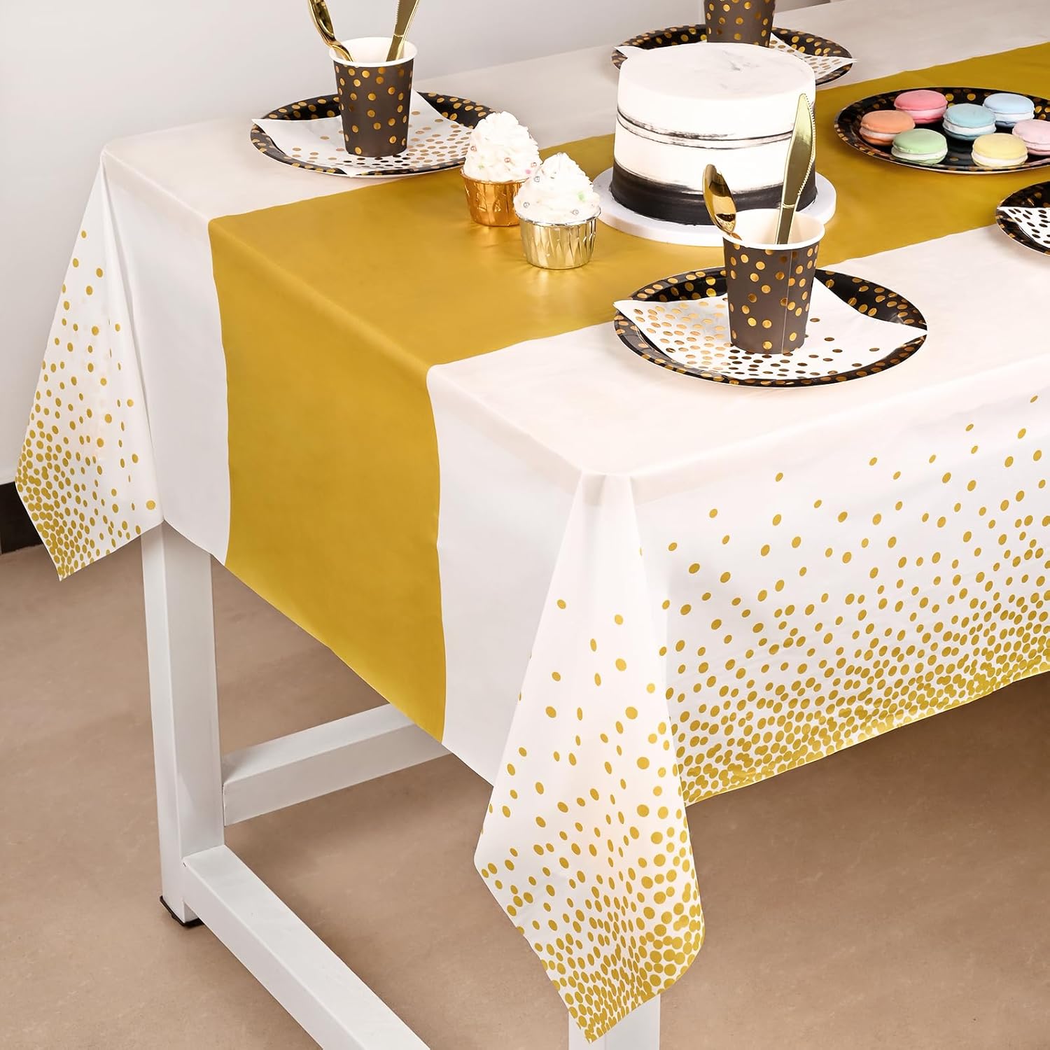 3 Pack White and Gold Plastic Tablecloth, 54 inch x108 inch Rectangular Disposable Table Cover for Graduation Party, New Years Decorations, Restaurant, Birthdays Decoration, Wedding Party - Image 2