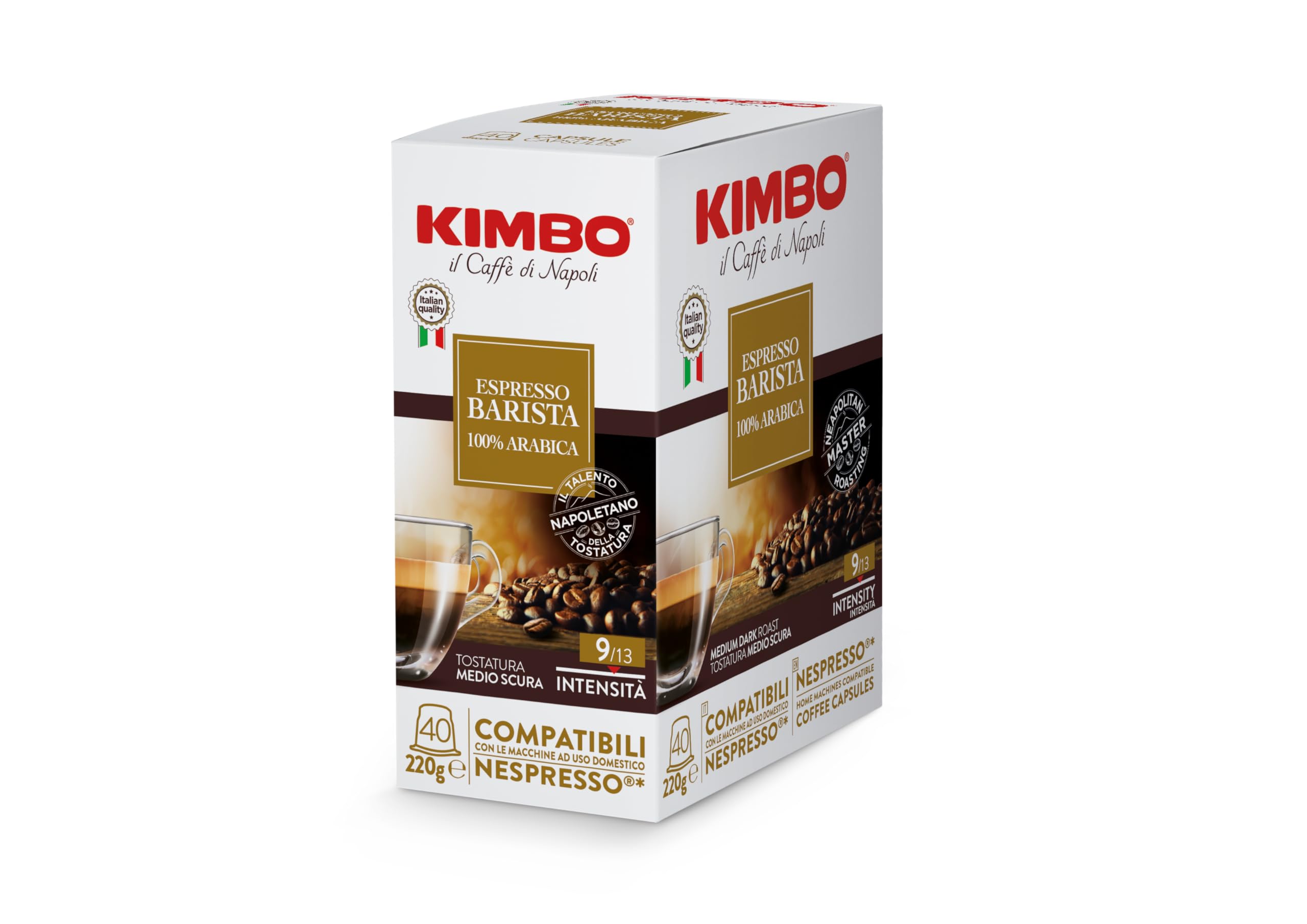 Kimbo, Espresso Barista 100% Arabica, 120 Capsule Caffè Compatibili Nespresso®* Original®*, Miscela Corposa, Intensità 9/13, Tostatura Media-Scura, 3 Pack da 40 Capsule
