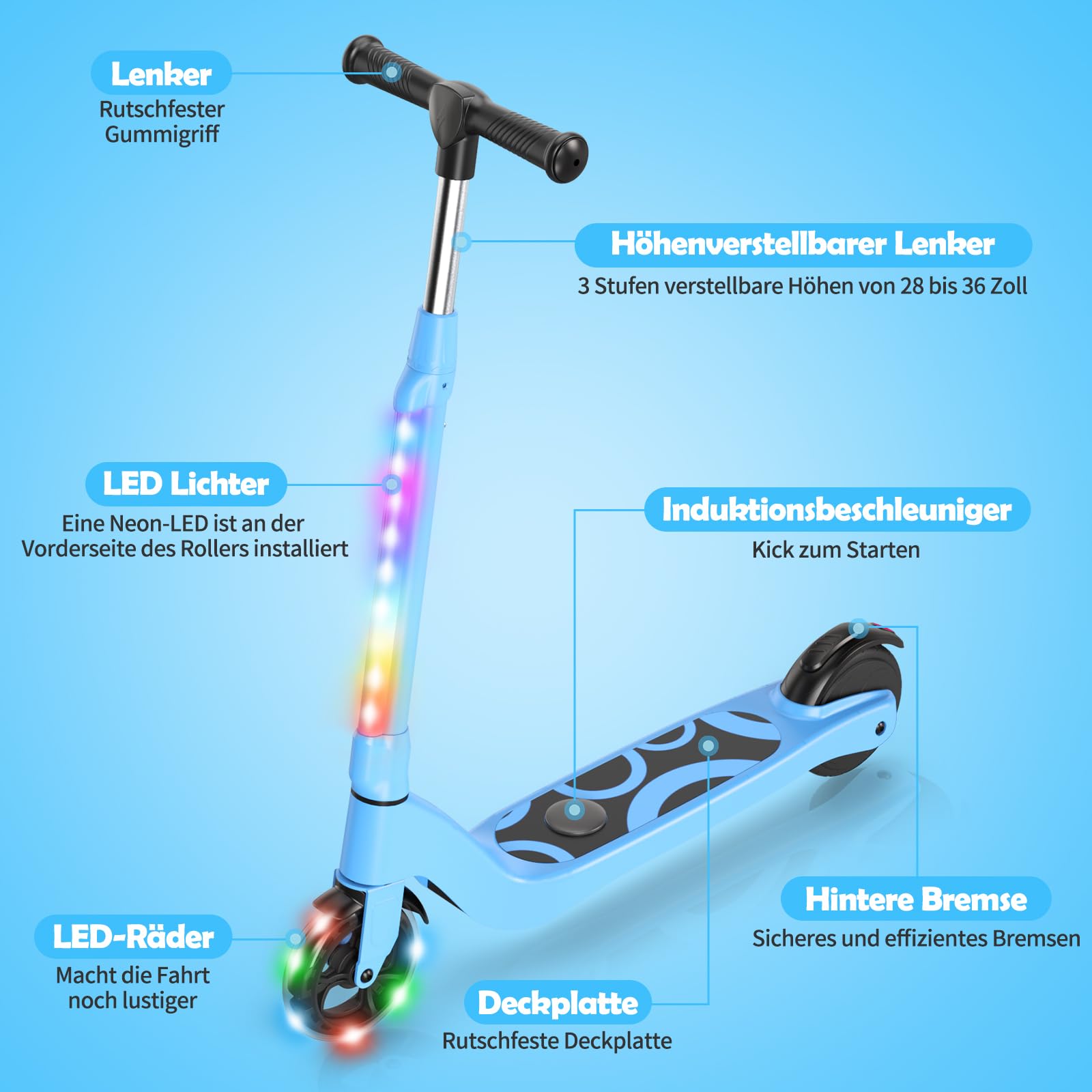 SISIGAD E Scooter Kinder für 6-12 Jahre, E Roller Kinder 5.3 Zoll Kinderroller mit Blinkende LED-Leuchten & 3 Einstellbare Höhe, Elektroroller Kinder Max 10km/h, 45W Motor, Maximale Belastung 70kg