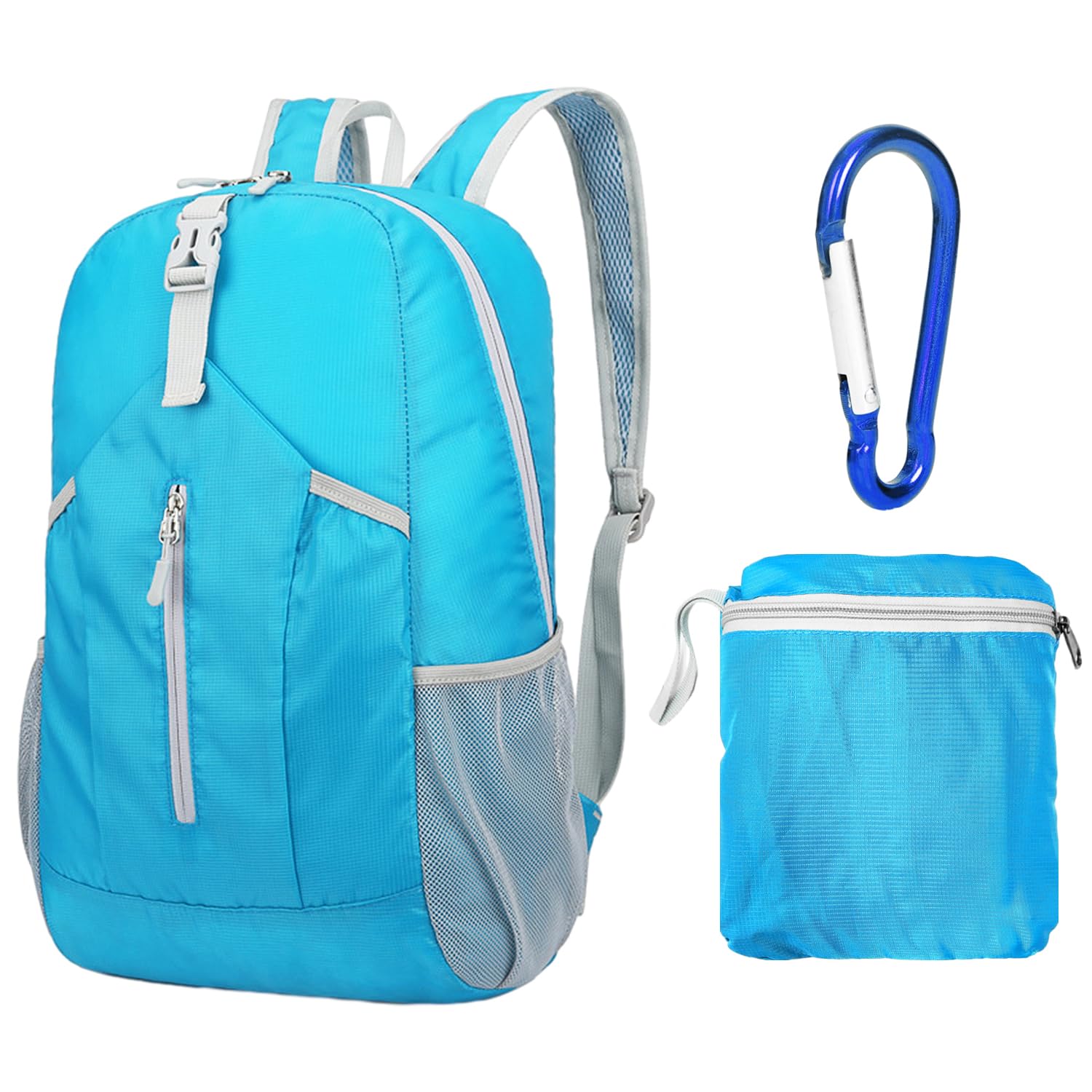 Memofynd Unisex Blue 1 Backpack And 1 Carabiner, Foldable Backpack, Hiking Bag, Suitable For Outdoor Mountaineering, Hiking, Cycling, Camping