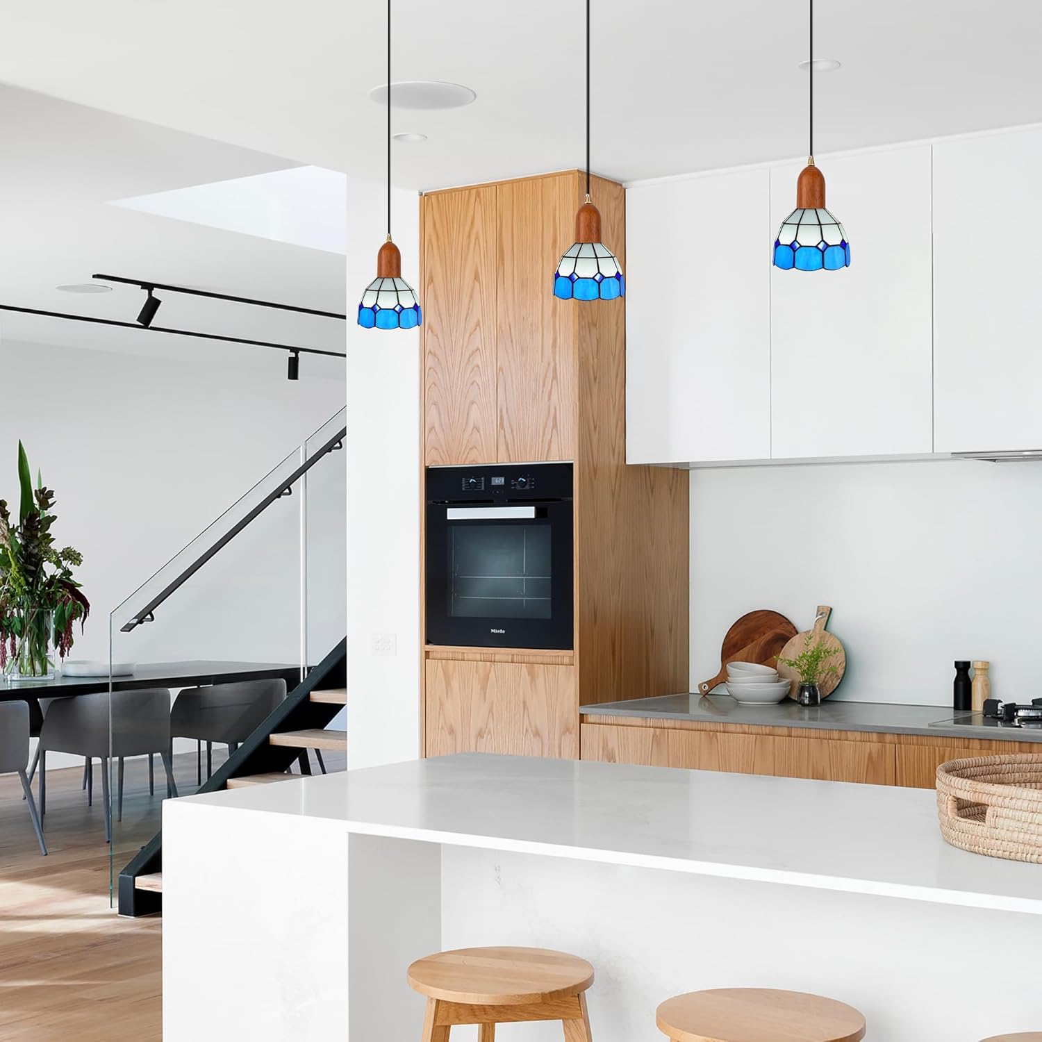 E26 Socket Freehand Glass H-Type Track Lighting Pendant Restaurant Blue Light Adjustable Wire Length, Halo Track Mounted for Kitchen 3 Lights,4 ft,5.9"(Walnut Wood)