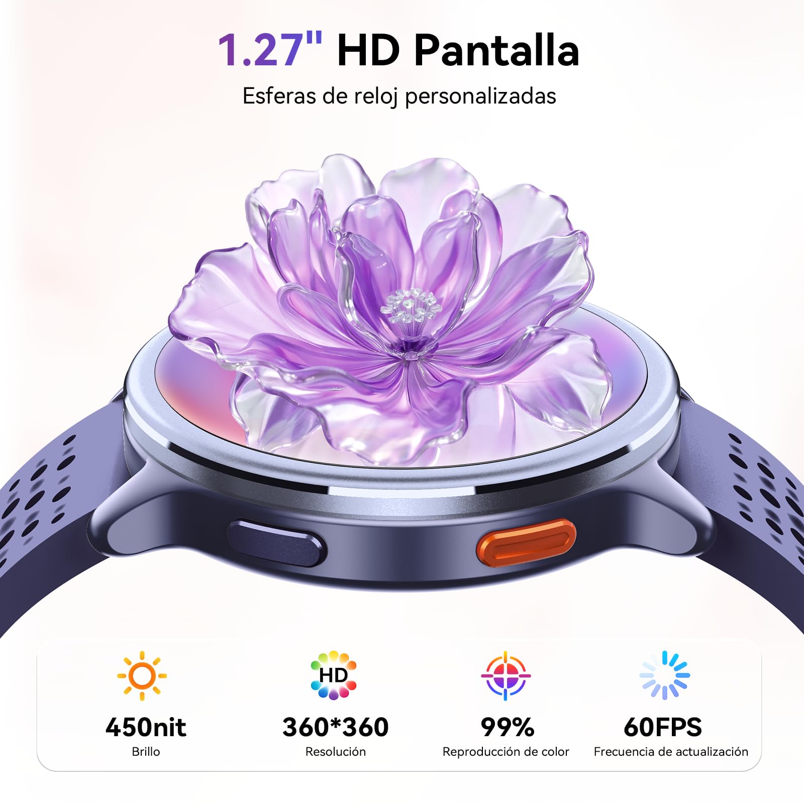 Reloj Inteligente Mujer 1.27" Smartwatch Redondo 2 Correas, Monitor de Sueño Funciones de Salud y Fitness 120+ Modos Deportivos 3ATM Impermeable para iPhone/Samsung/Android Púrpura