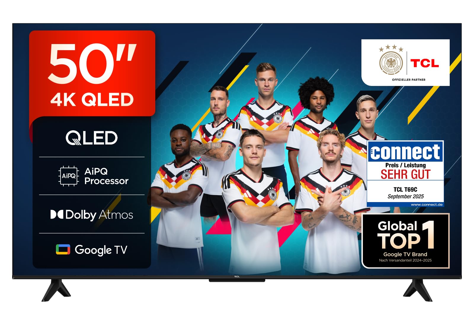 TCL 50T69C 50 Inch QLED, Direct LED TV, 4K HDR TV, Smart Google TV (Dolby Vision & Atmos, Game Master, Motion Clarity, Compatible with Google Assistant & Alexa)