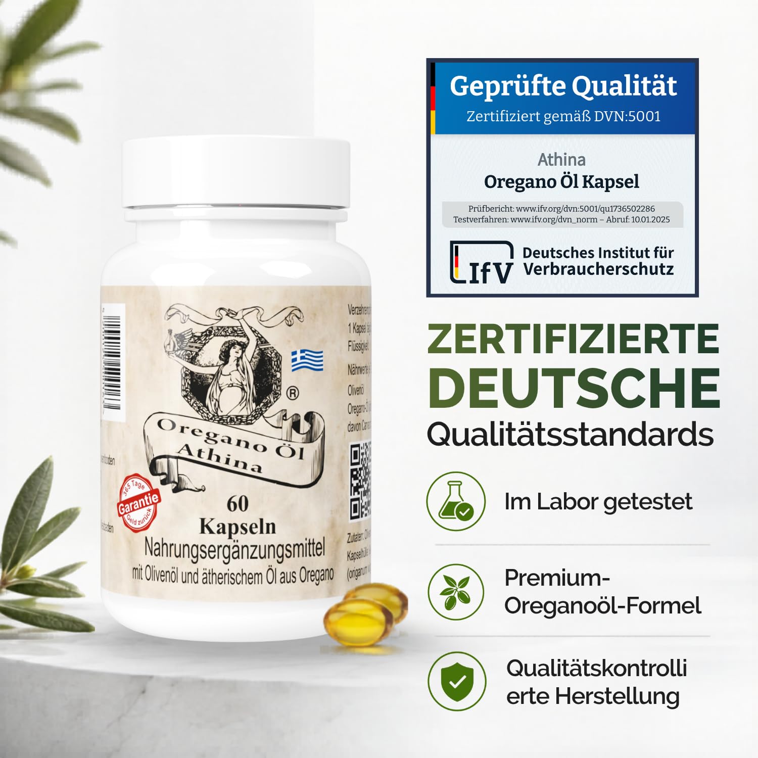 Athina® Oregano Öl 1 x 60 Kapseln I Softgels-Forte 500 mg | 100 mg pro Kapsel & 400 mg natives Olivenöl Extra aus Griechenland | 80% Carvacrol