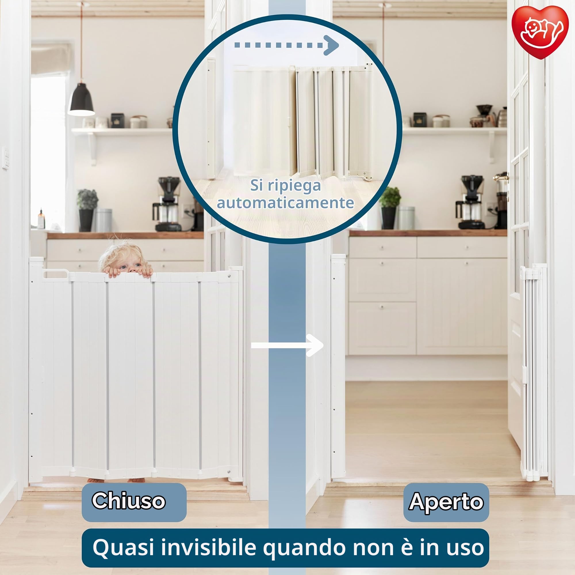 BabyDan Guard Me, cancelletto automatico a scomparsa per scale, larghezza 55-89 cm, con una sola mano, cancelletto per bambini e animali, bianco, Made in Denmark
