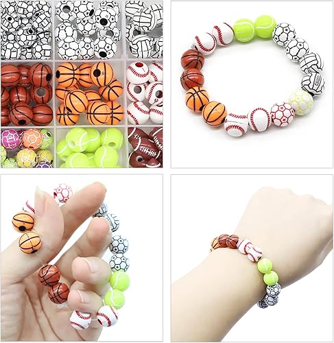 Miniatura 6 de LEKAI 15 estilos de cuentas de pelota deportiva, baloncesto, tenis, voleibol, béisbol, rugby, fútbol, con 1 rollo de cuerda elástica y una caja de