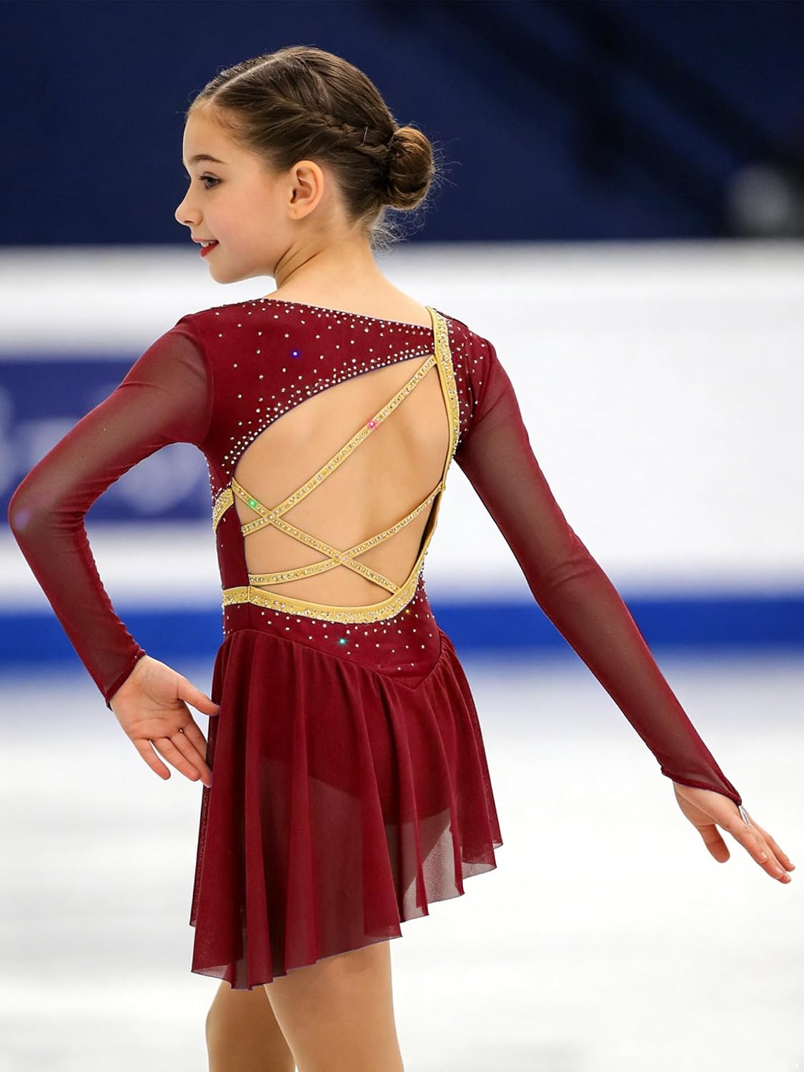 JanJean Girls Sequin Figure Skating Dress Long Sleeve Asymmetrical Cutout Back Lyrical Contemporary Dance Dress