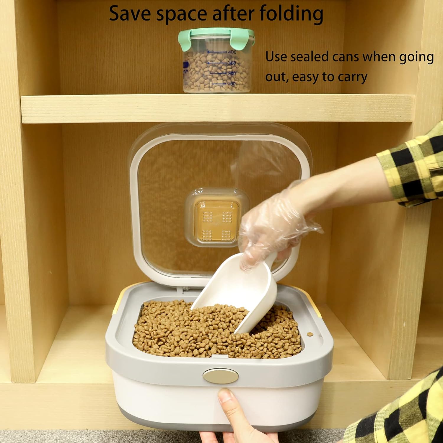 KESOIN Dog Cat Pet Food Storage Container, Airtight Foldable Dog Cat Bird Seed Chicken Feed Rice Storage Bins with Scoop and Sealed Jar, Store up 5-30lbs (Yellow-Grey) : Pet Supplies