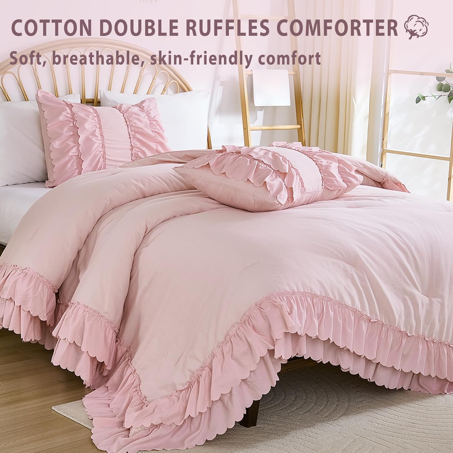 Herside Pink Cotton Comforter Queen Size,Boho Ruffle Bedding Set,2 Layers Ruffles Fluffy Vintage Comforter Home Decor,Farmhouse 3 Pcs Soft and Breathable Lightweight Quilt Set for Women Girls