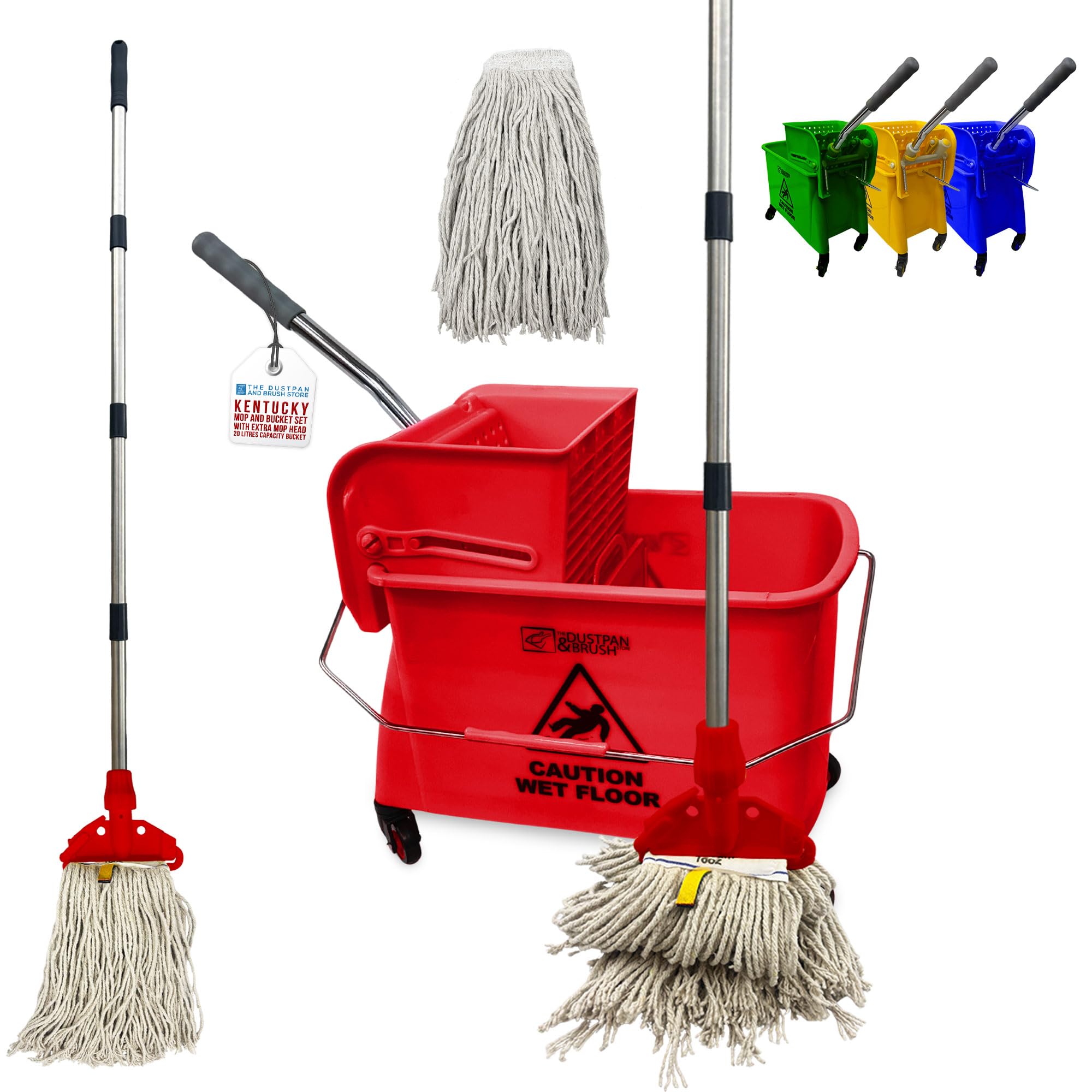 Tdbs The Dustpan And Brush Store Red Professional Kentucky Floor Mop And Bucket Set On Wheels - Large Capacity Commercial Industrial Floor Mop Bucket With Wringer, Ideal For Warehouse, Hotel, Office, School Use