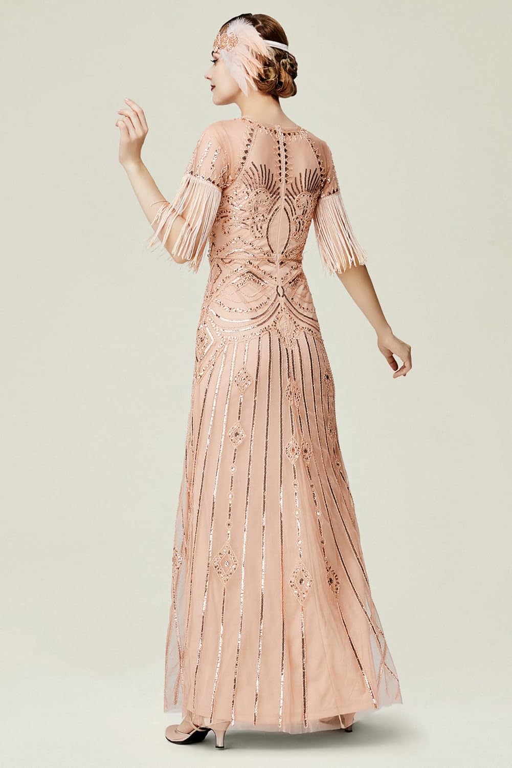 BABEYOND 1920s Women Prom Dress – Long Sequin Rhinestone Dress Mermaid Evening Gown with Fringe Sleeves