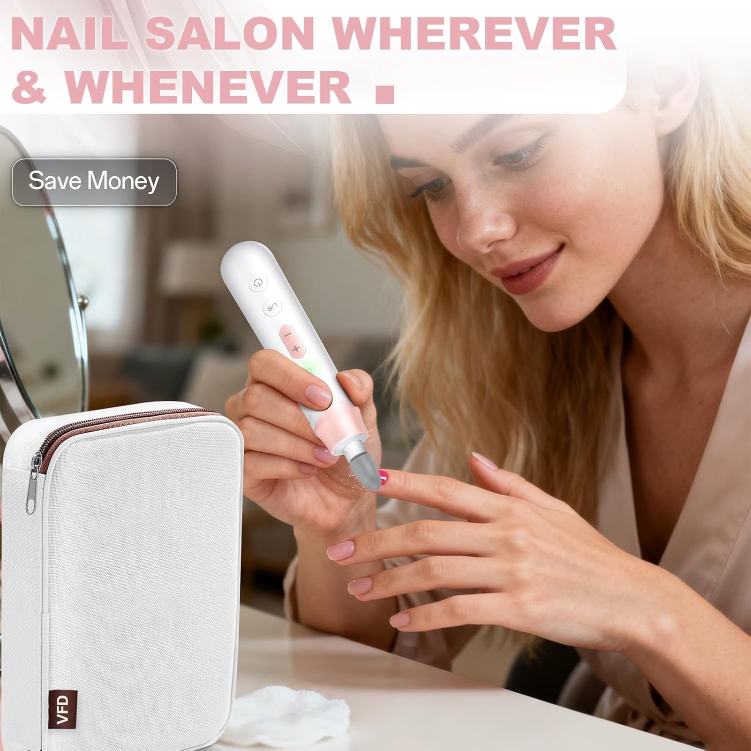 Electric Nail File Drill, Cordless 2000 mAh Rechargeable Nail Filer Electric, Portable Nail Dril Machine Drill for Nails Acrylic Manicure and Thick Toenails Buffer Grinder Care Professional (Pink)