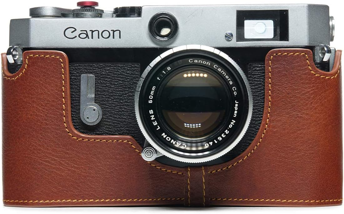 for Canon P Case, BolinUS Handmade Genuine Real Leather Half Camera Case Bag Cover for Canon 7 7S P VL VL2 ViL Camera with Hand Strap (LavaBrown)