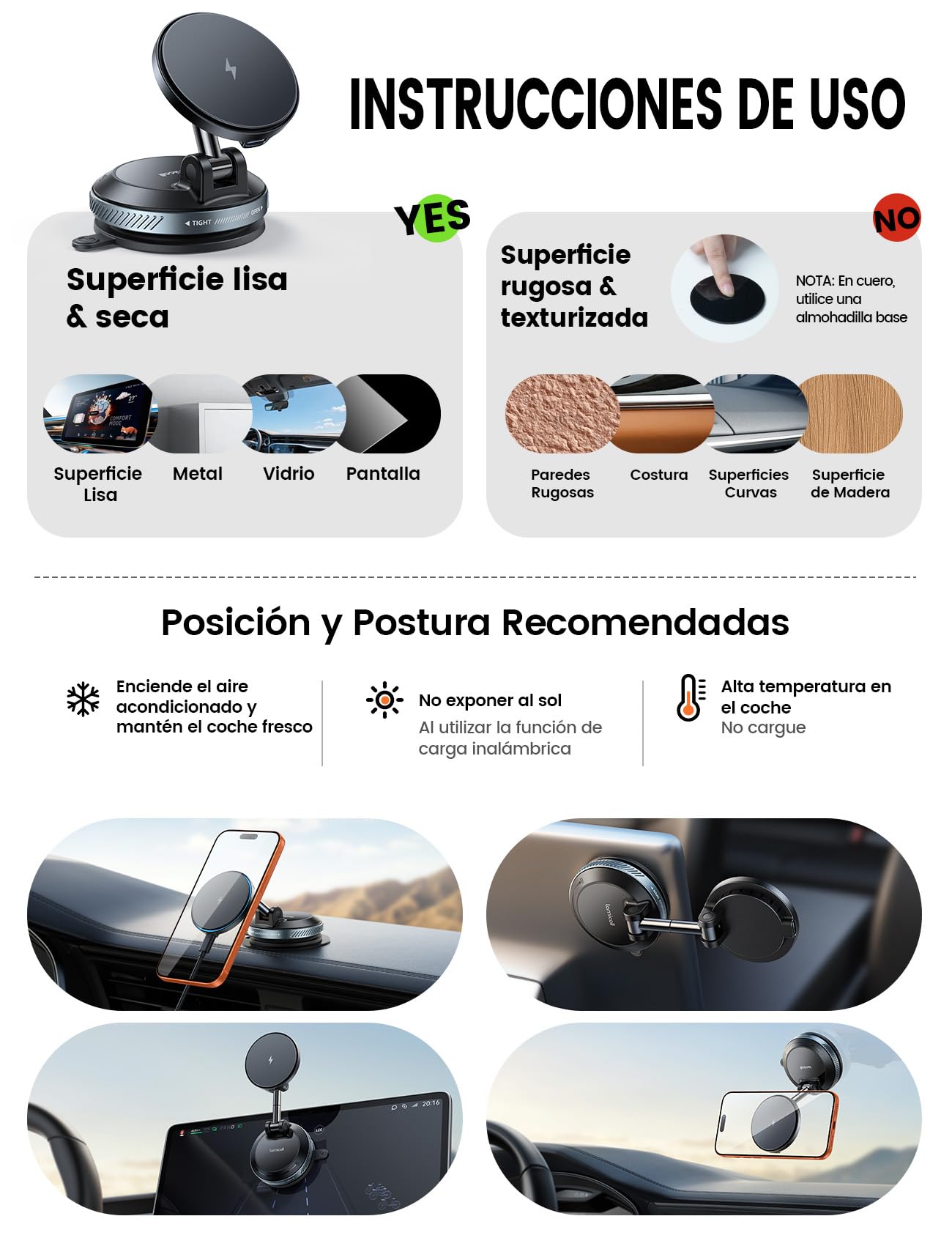 Lamicall 15W Cargador Inalámbrico Coche para MagSafe - [30KG Succión Fuerte] Magnético Soporte Cargador Movil Coche con Ventosa de Vacío, Fuerte Imán, para iPhone Series 17 16 15 14 13 12
