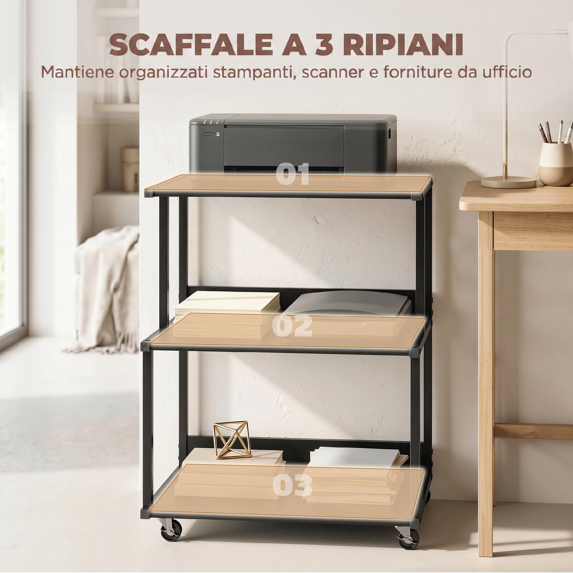 HOMCOM Carrello Porta Stampante a 3 Livelli, Supporto Stampante con Ruote con Freno, Salvaspazio in Metallo e Legno, per Casa, Studio, Ufficio, Industriale, 50x40x75cm, Nero