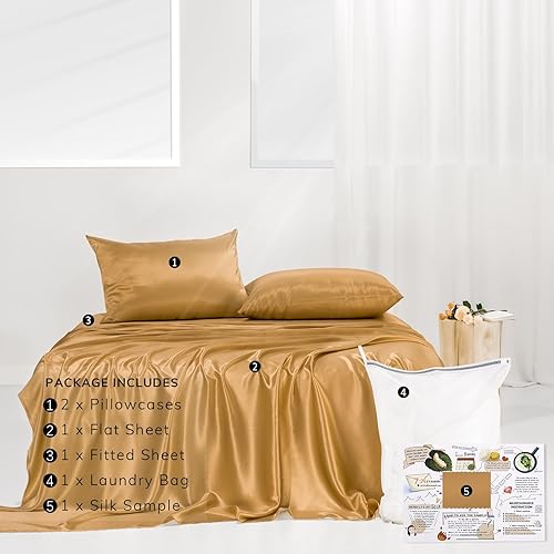 Miniatura 6 de PROMEED Juego de sábanas de seda tamaño Queen de 23 Momme juego de cama de seda de morera 6A mejorado con sábanas superiores e inferiores y fundas