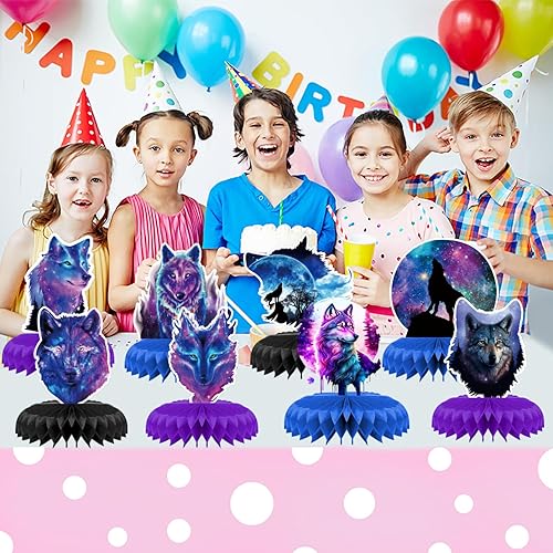 Miniatura 7 de 8 piezas de decoración de fiesta de cumpleaños de lobo galaxia, cielo estrellado con temática de panal de abeja, centros de mesa 3D de doble cara,