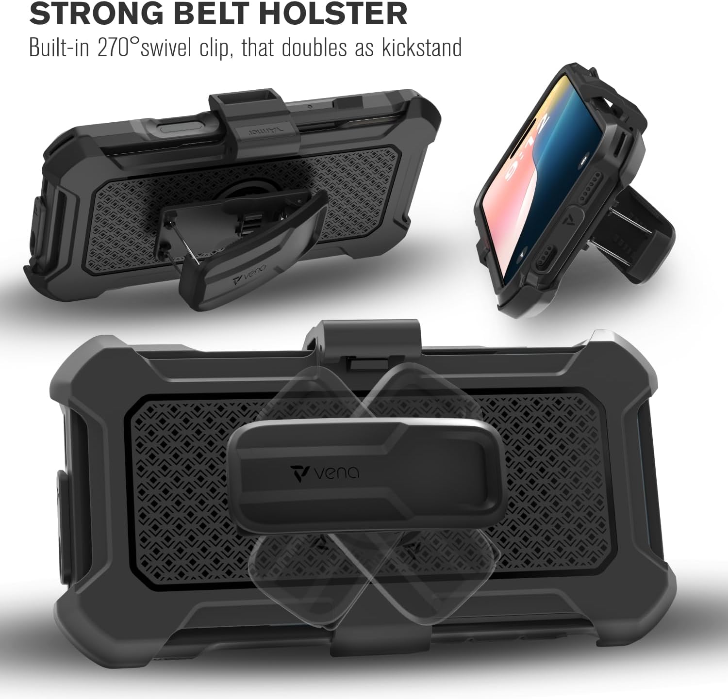 VENA vArmor for iPhone 16 Pro Rugged Case with Belt Clip Holster [Military Grade Drop Protection] [Works with MagSafe] Heavy Duty Tough Protective Cover with Kickstand - Black/Graphite Gray - Image 4