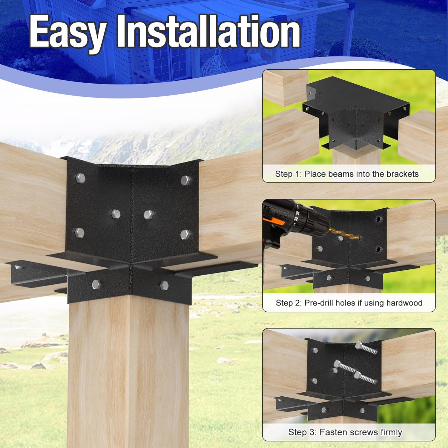 6PCS 3-Way & 4-Way Pergola Brackets, 4"x4" Pergola Kit, Pergola Corner Bracket for Gazebos, Patio Pergolas, Log Cabin, Wooden Beams