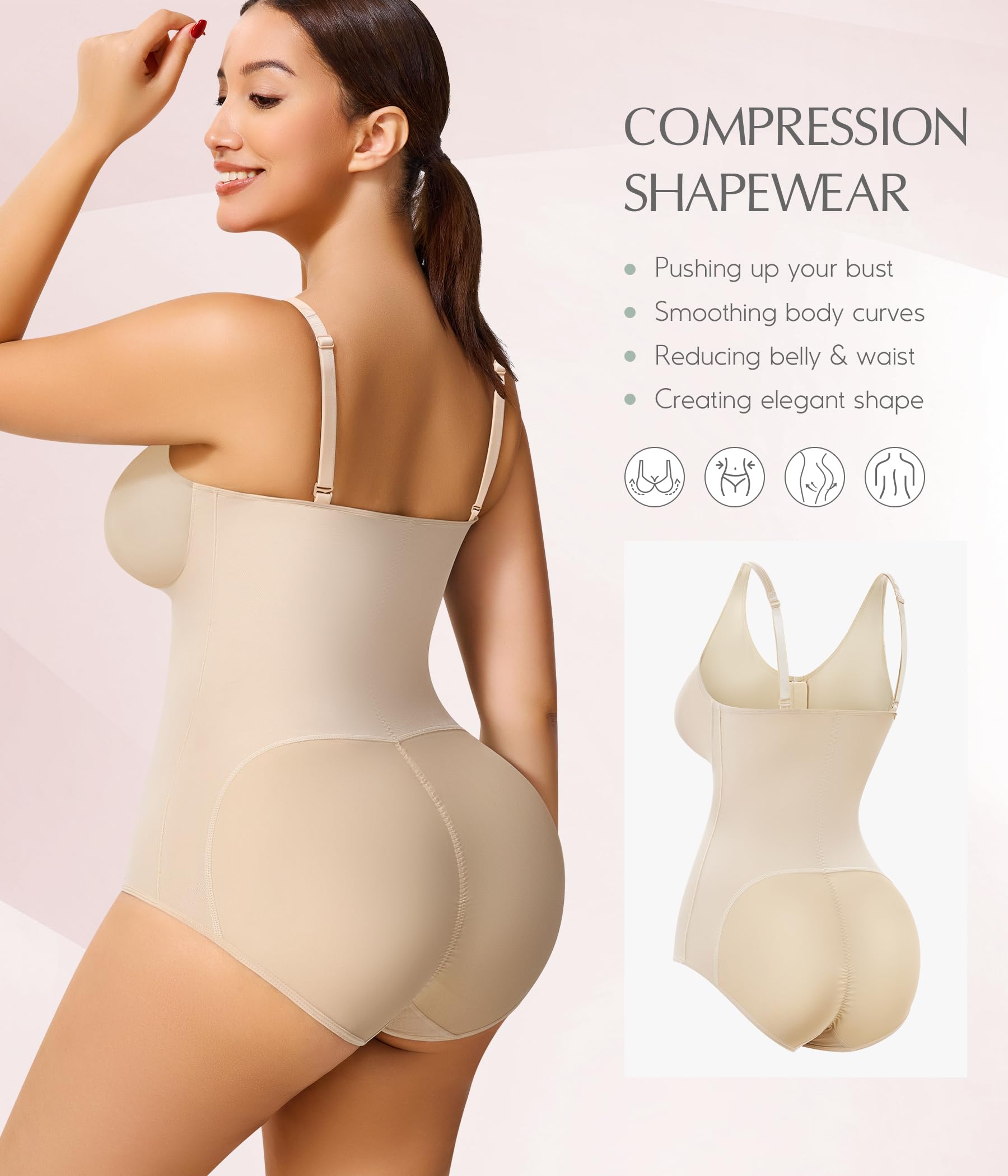 MERYOSZ Body moldeador para mujer, con control de abdomen, cuello en V, cremallera y cintura