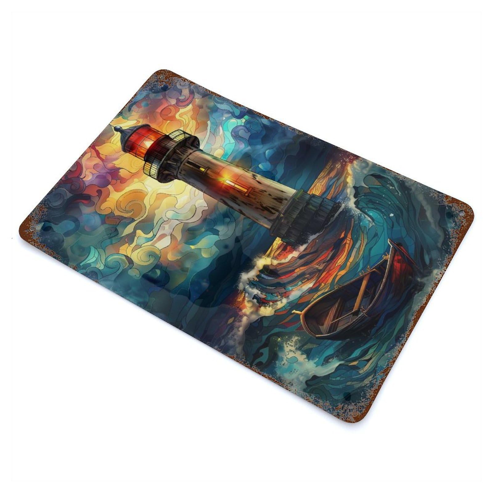 Lighthouse Storm Art Vintage Wall Sign 11.8"x7.9", Rust Effect Metal Decor for Cafe, Home Bar And Lounge Decor