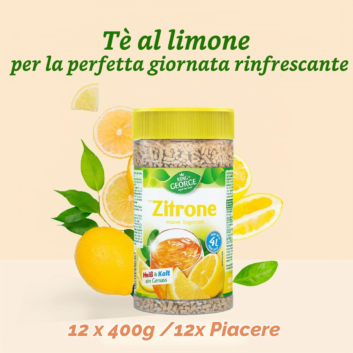King George - Bevanda da tè istantanea al limone, 12 x 400 g, al limone, agli agrumi, con vitamina C, confezione risparmio per le briciole, per l'estate, le feste