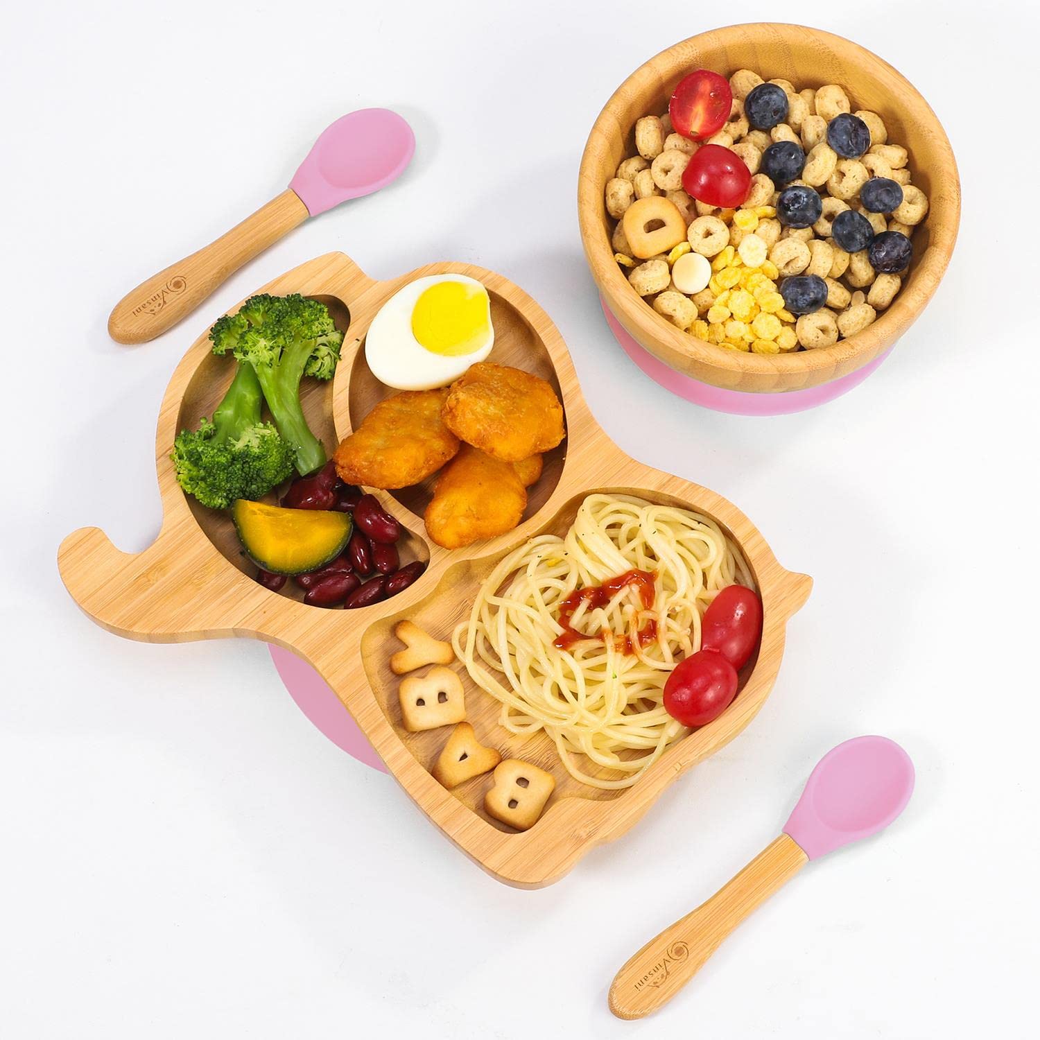 Vinsani Bamboo Elephant Plate Bowl and Spoon Set for Baby Toddler Kids Children, Suction Plate, Stay-Put Non-Slip Base Design, Hypoallergenic, Food-Grade Silicone and BPA-Free Baby Feeding Set (Pink)