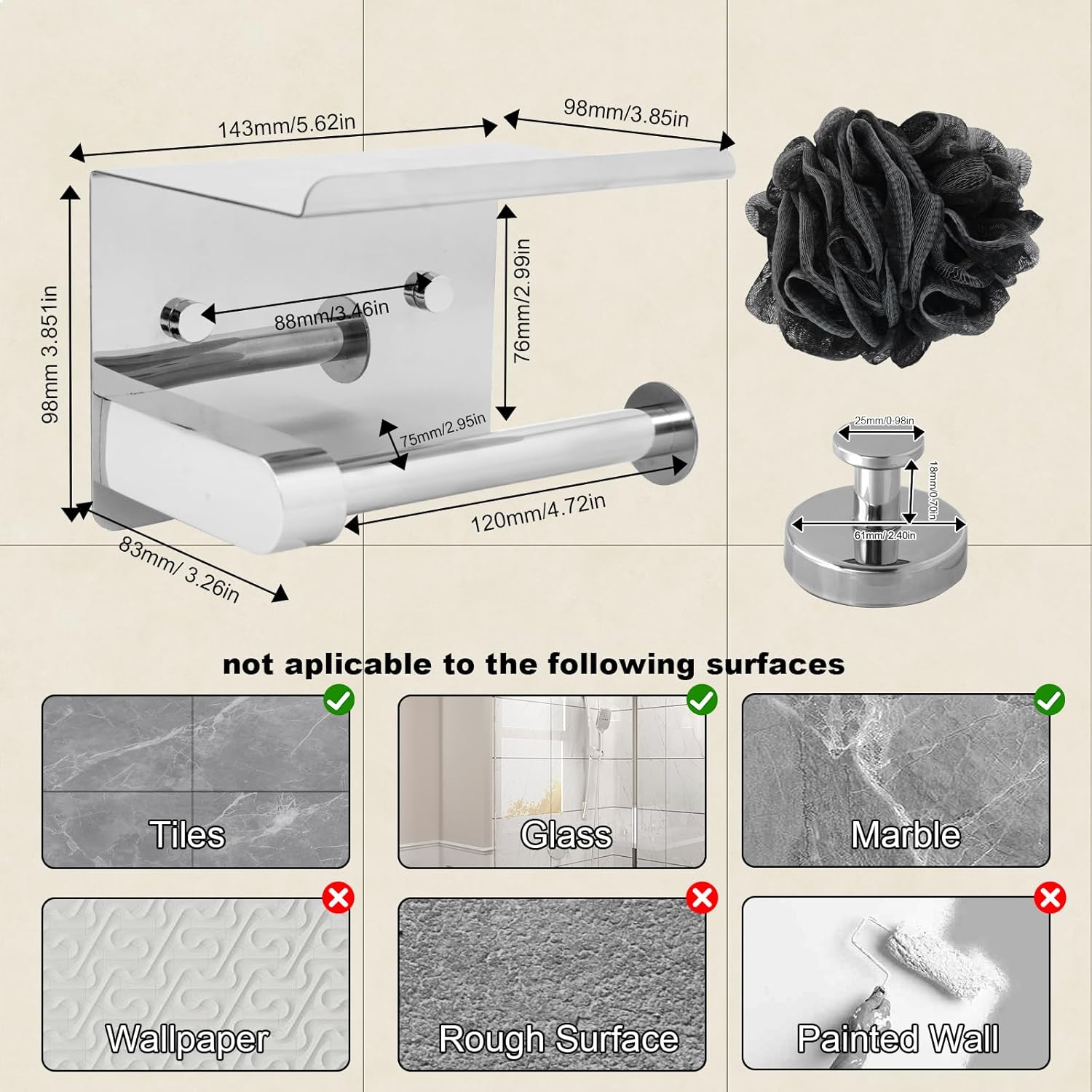 PROSPERIDAD Stainless Steel Wall Mount Shower Caddy + Toilet Paper Holder Set (Bright Surface)