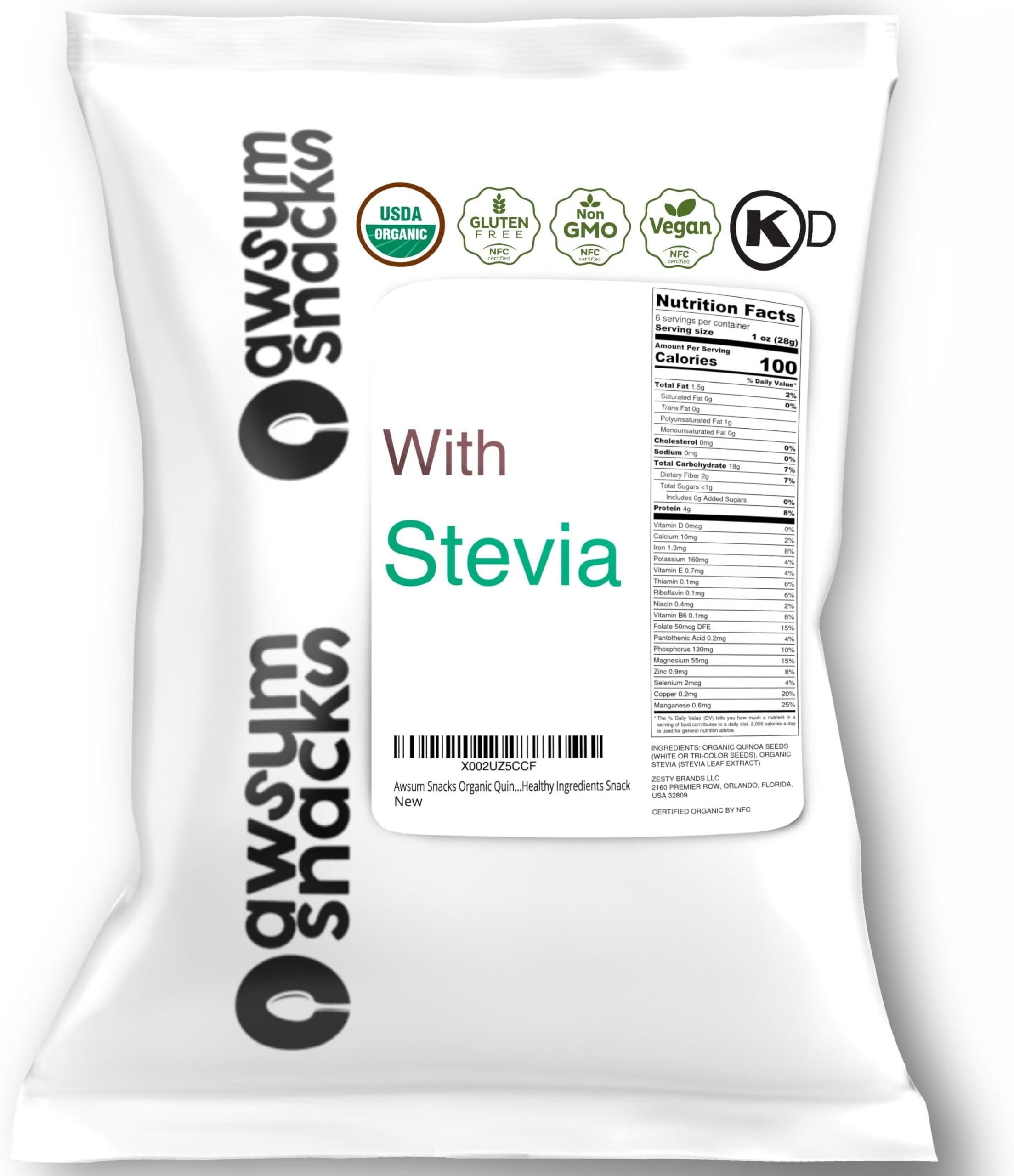 Awsum Snacks Organic Quinoa SUPERCEREAL Puffs with Stevia, 6 oz bag Vegan, Kosher, Gluten-Free - Non-Allergy, Diabetic Crunchy Healthy Ingredients Snack