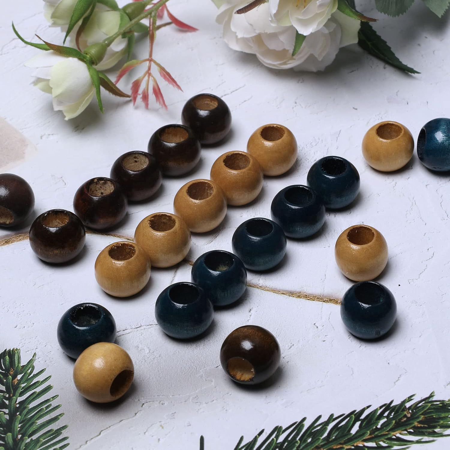 60 Pieces 20mm Wood Beads Large Hole Macrame Wooden Beads Variety Pack for Craft, Brown/Blue Painted for Garlands/Plant Hanger Decor, 9mm Hole - Image 6