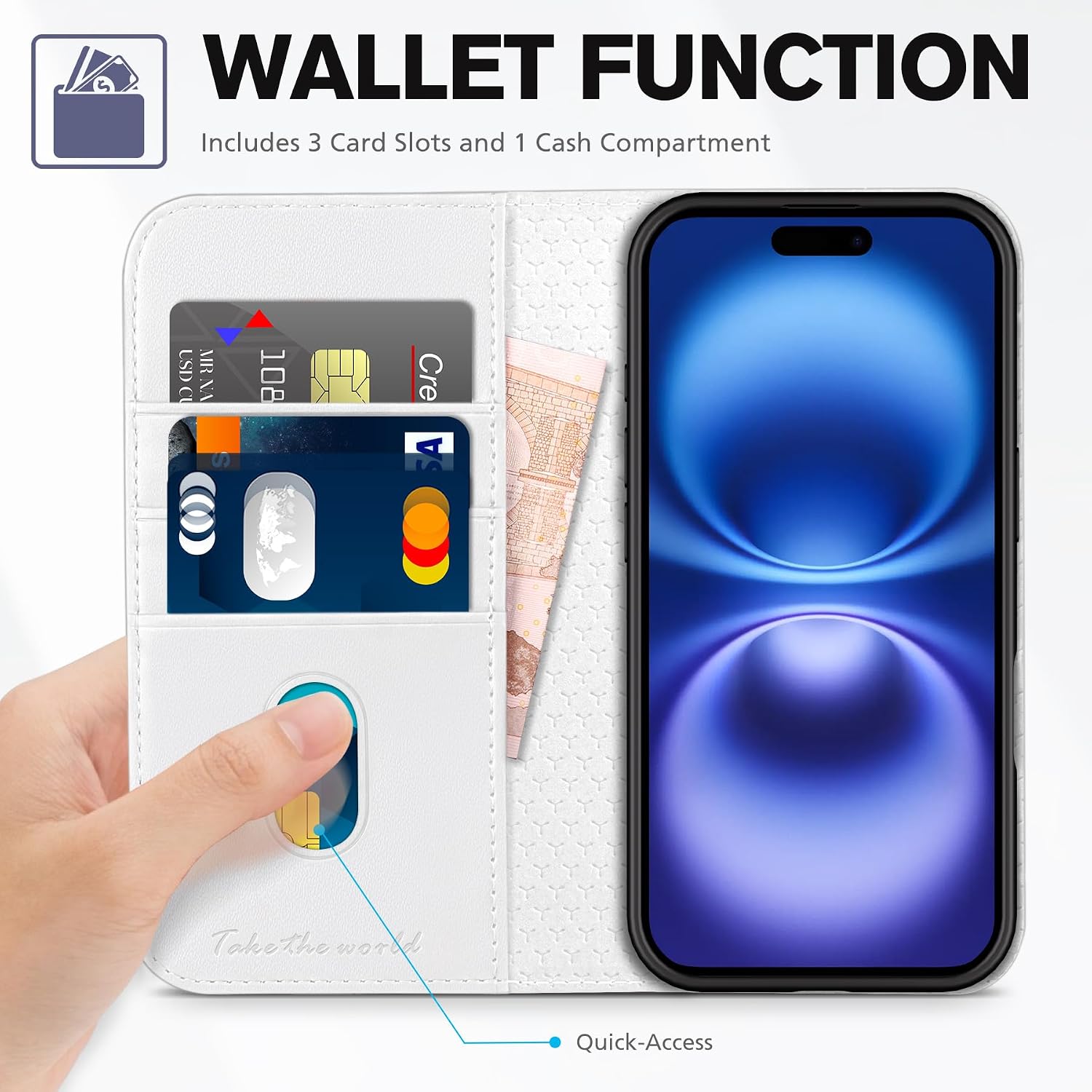 TUCCH Case Wallet for iPhone 16, [3 Card Slots] Kickstand PU Leather [RFID Blocking] Flip Folio Cover with [TPU Shockproof Interior Shell] 6.1" 2024, White