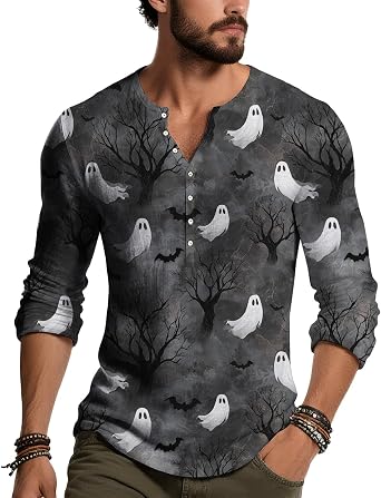 Mens Vintage Washed Skull Graphic Henley Shirt Long Sleeve Slim Fit Button Neck Streetwear Punk Rock Top
