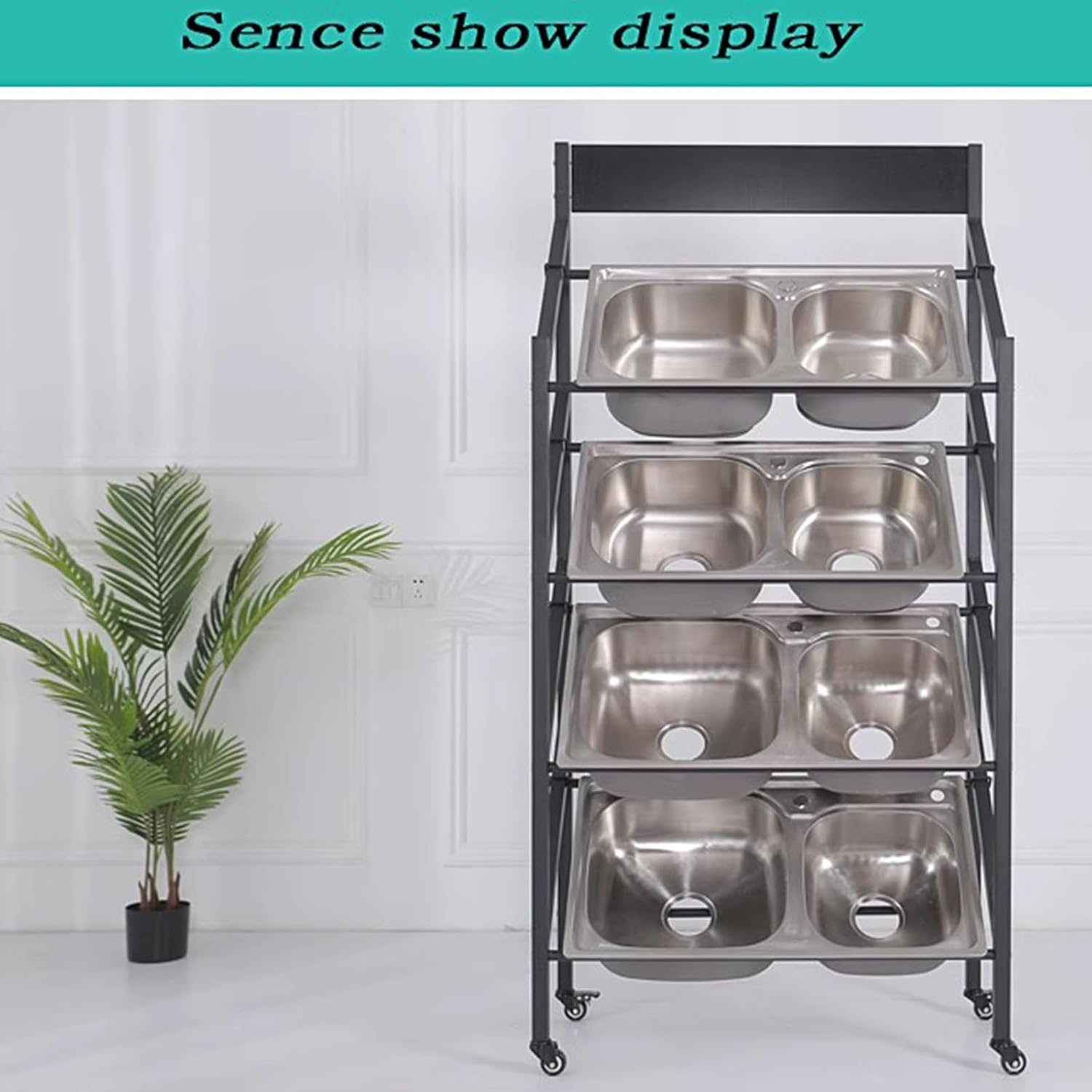 Stainless Steel Commercial Kitchen Sink Display Rack, Utility Double Slot Washing Hand Basin Storage Shelves, Ideal for Sample Stand in Restaurants and Food Service Areas