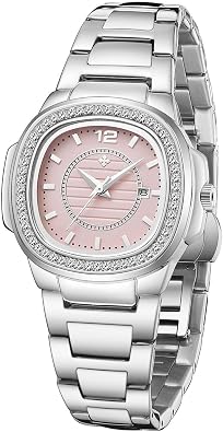 Womens Bling Diamond Bezel Square Dial Stainless Steel Waterproof Watch