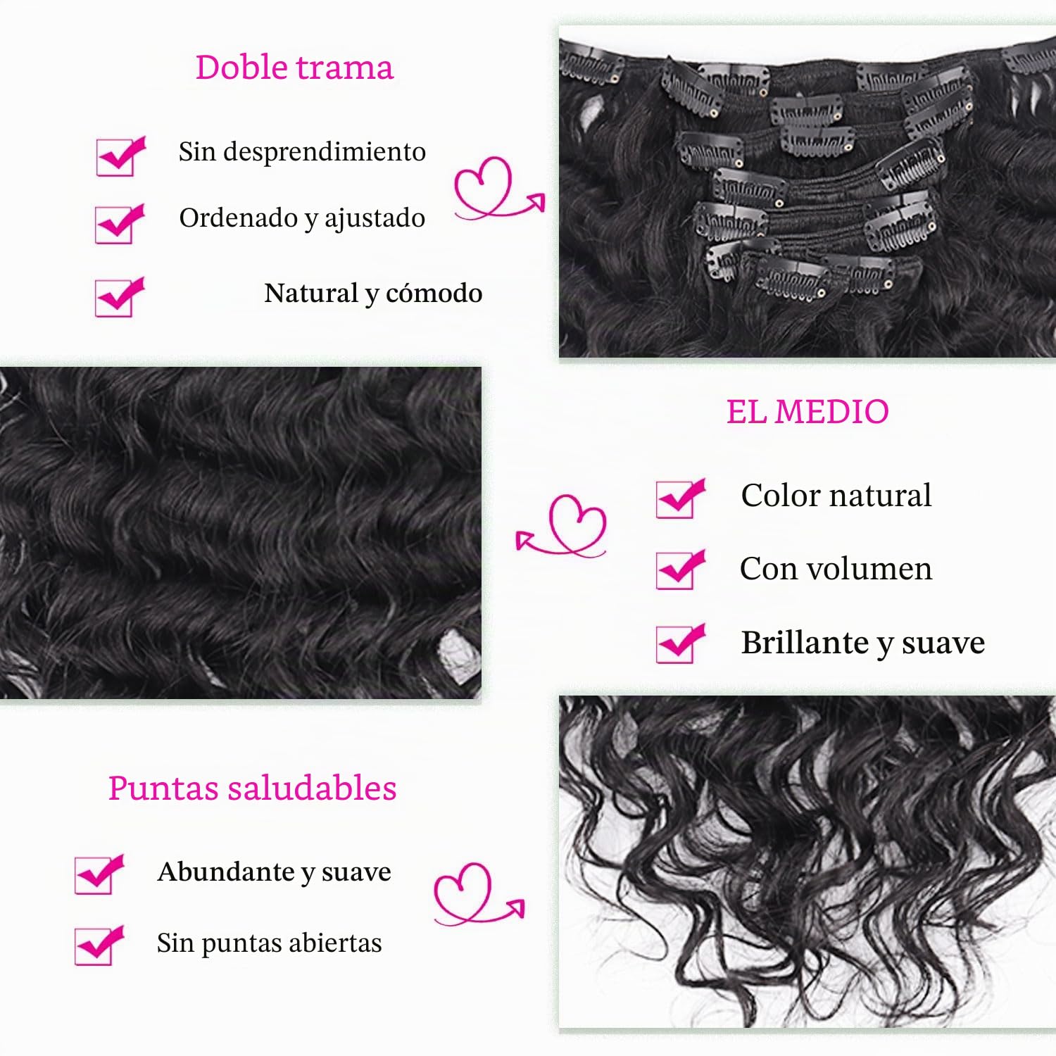 Extensiones de Clip Rizadas Profundas Cabello Humano 55cm 8PCS 120g Negro Natural Extensiones de Cabello Humano Extensiones de Clip para Mujeres