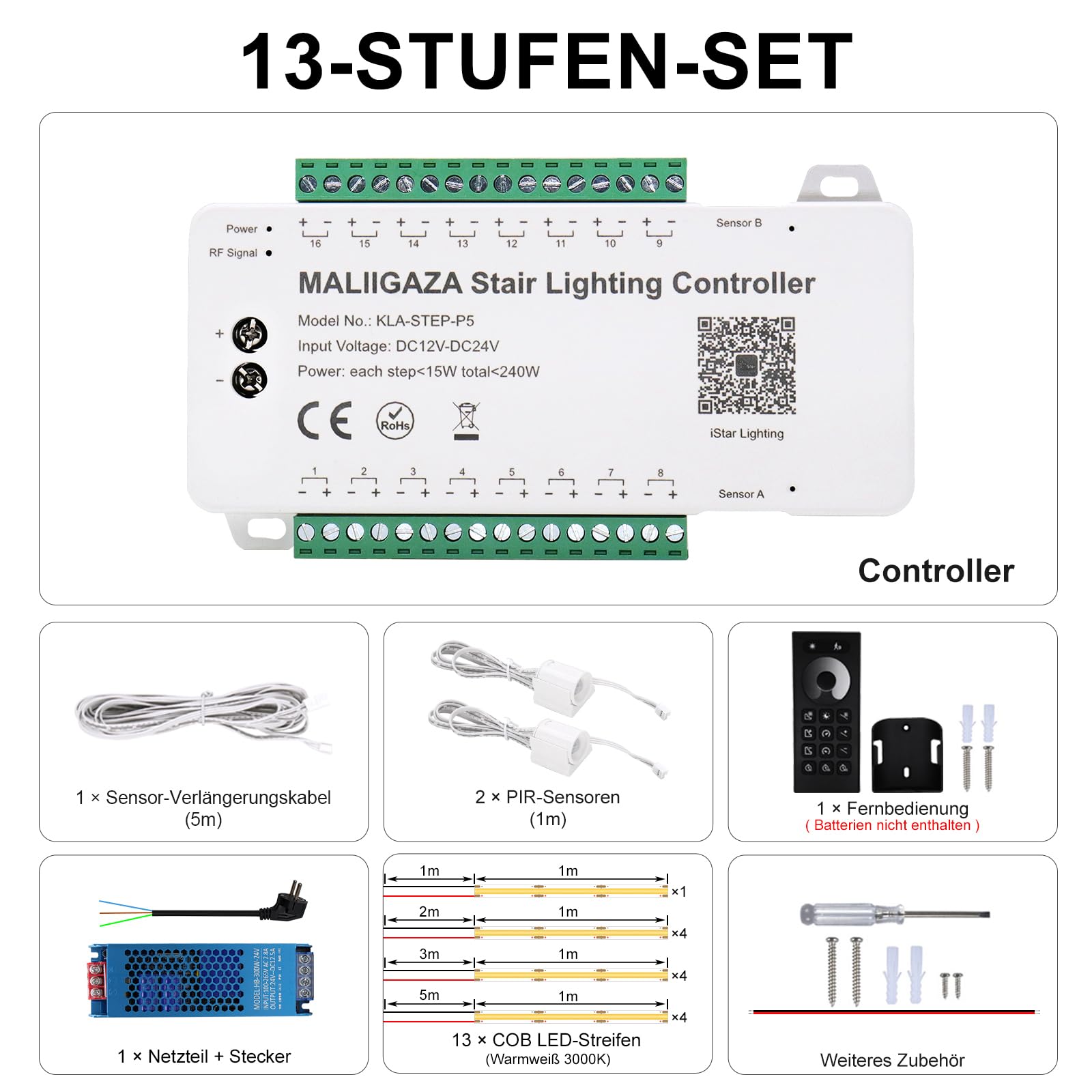 Intelligente Treppenbeleuchtung 13 Stufen Warmweiß 3000K | Bewegungsmelder Treppenlicht mit App & RF-Fernbedienung, Bluetooth Smart Stair Light, COB LED Streifen Indoor
