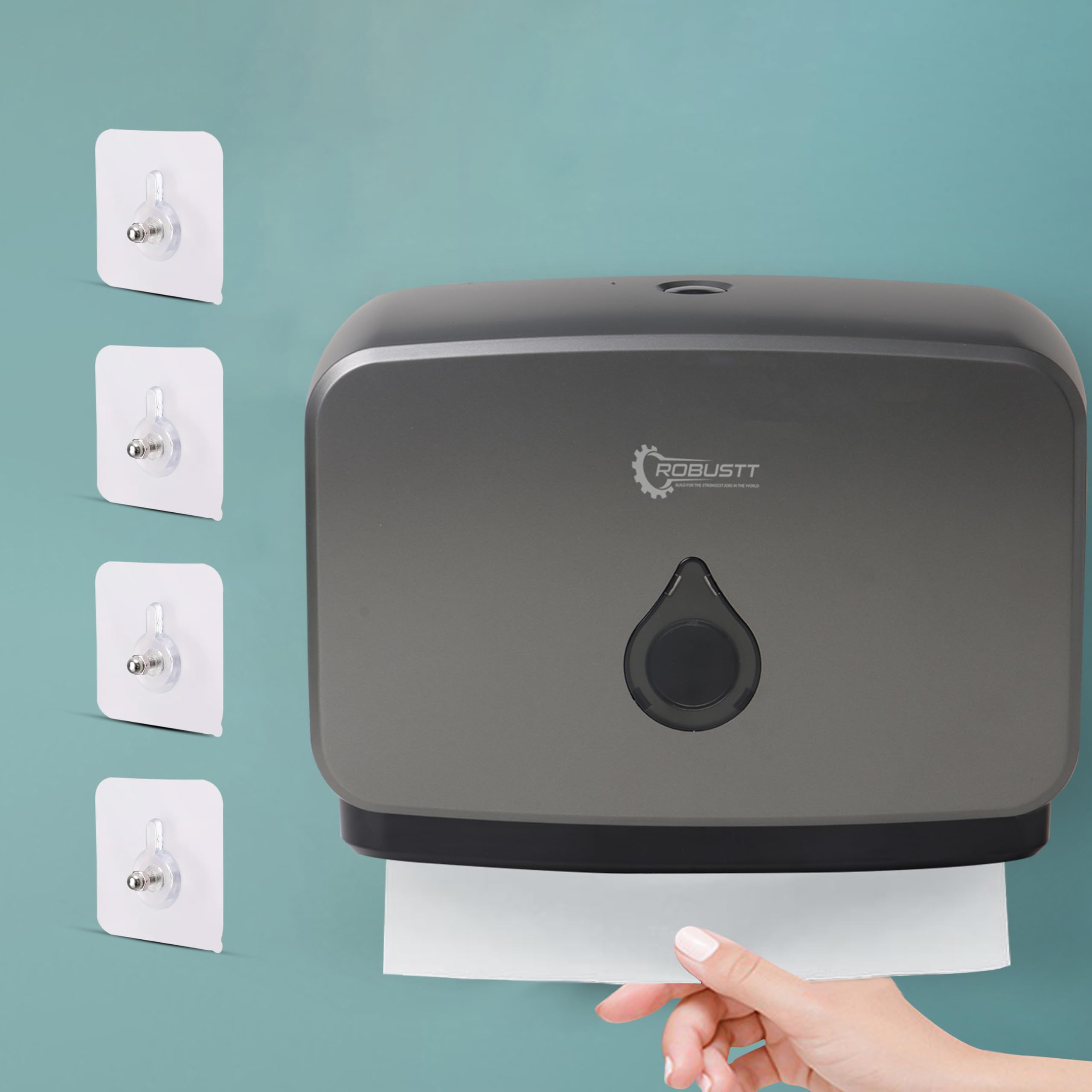 Robustt Wall-Mounted V/N/M Fold Paper Hand Towel Dispenser - Grey (with 4 Adhesive Hooks) | Large Capacity | Durable ABS Material | Water-Resistant | Push Button Lock (Pack of 1)