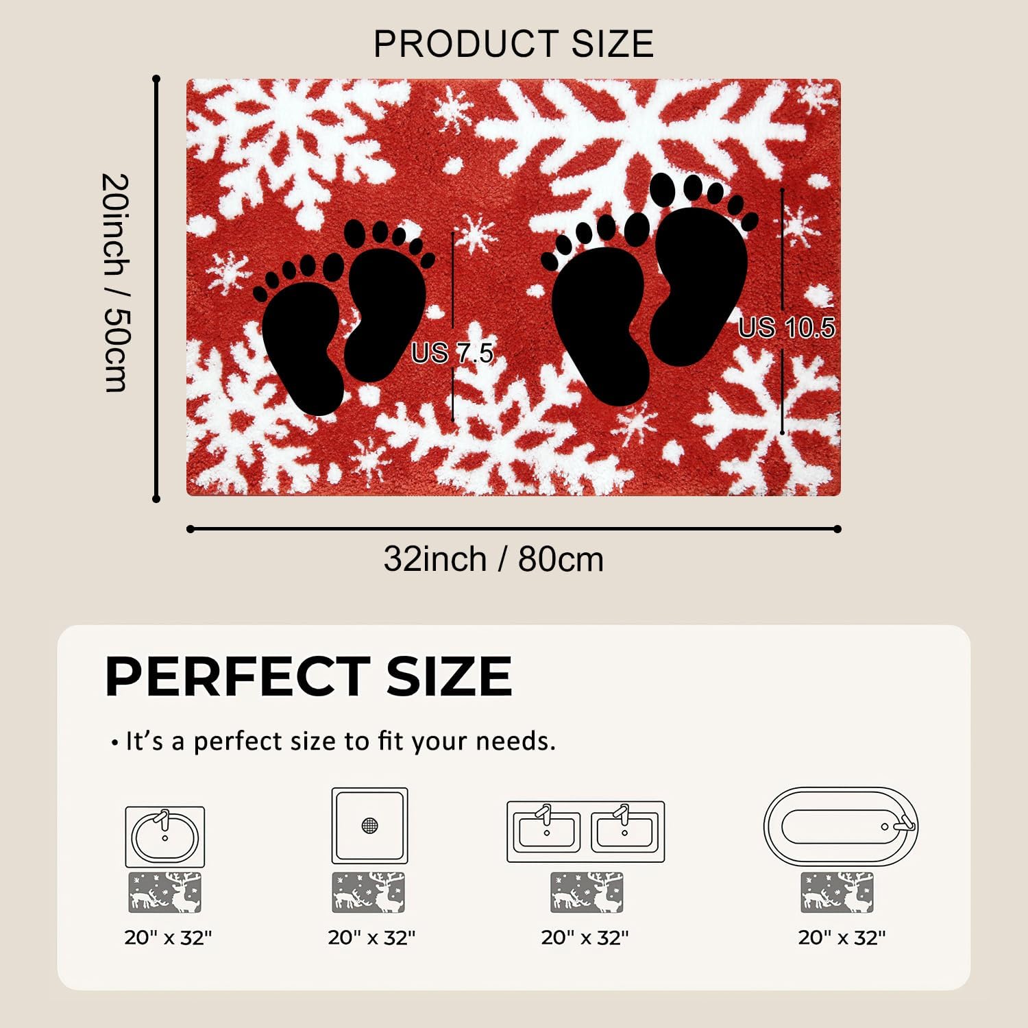 Snowflake Bathroom Rugs, Red Christmas Soft Absorbent Bath Mat, Non Slip Xmas Winter Holiday Shower Mat for Bathroom Decorations, 20" x 32"