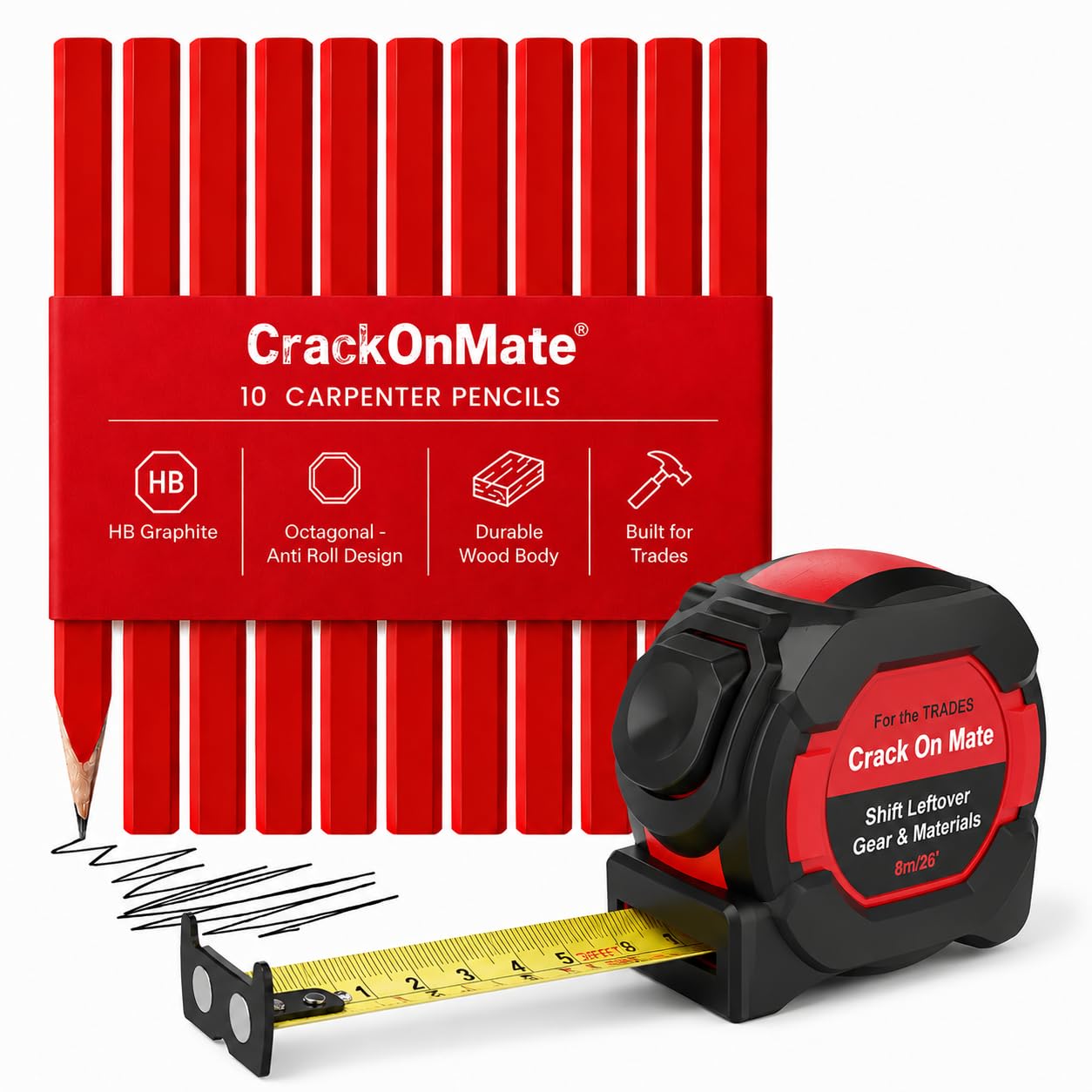 Crack On Mate - Tape Measure 8m 26ft with Carpenter Pencils 10 Pack - Auto Lock Magnetic Measuring Tape, 25mm Double Sided Blade, Builders Marking Pencils, Site Tools Set