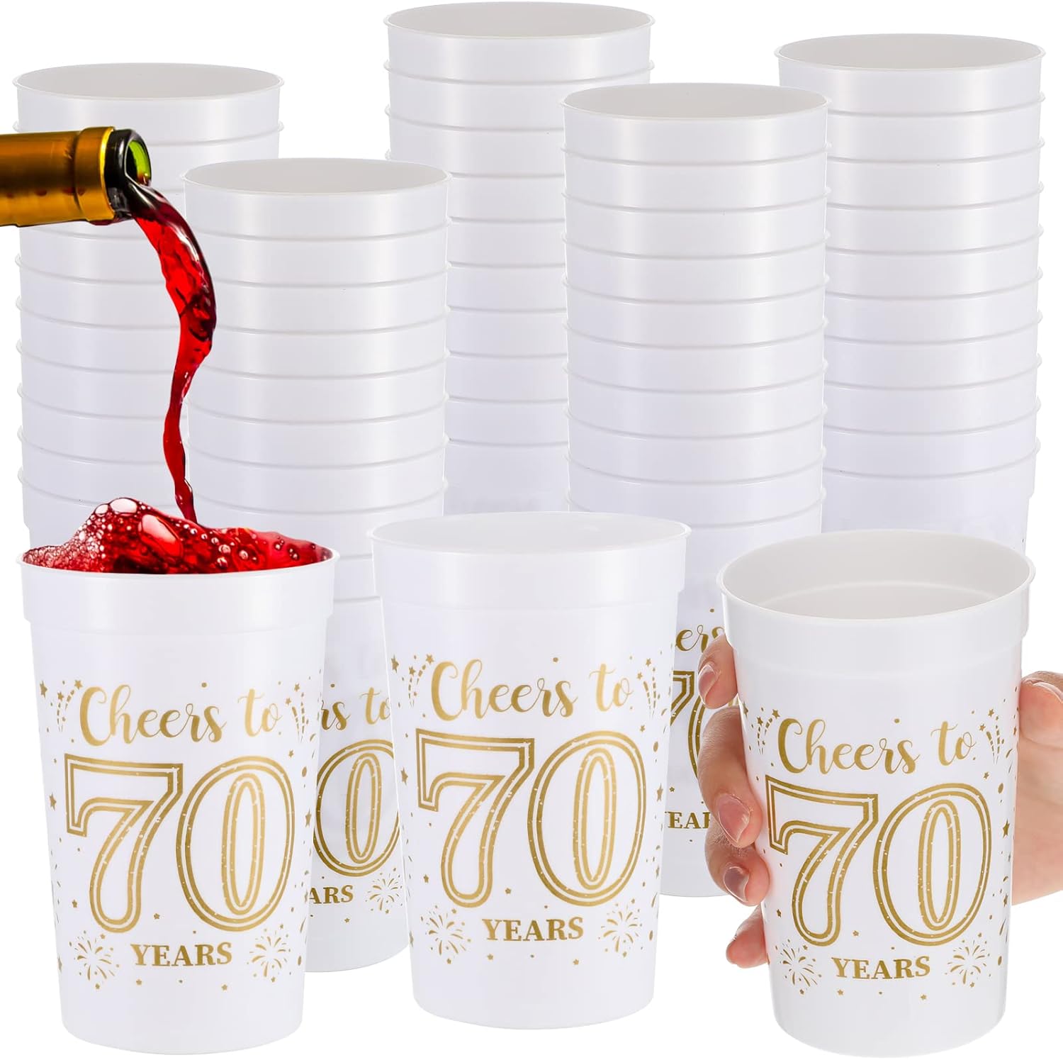 Lallisa 40 Pcs 70th Birthday Cups Bulk 16 oz Cheers to 70 Years Plastic Party Cups Stadium 70th Birthday Decorations Party Favors Anniversary Supplies for Men and Women, Gold and White
