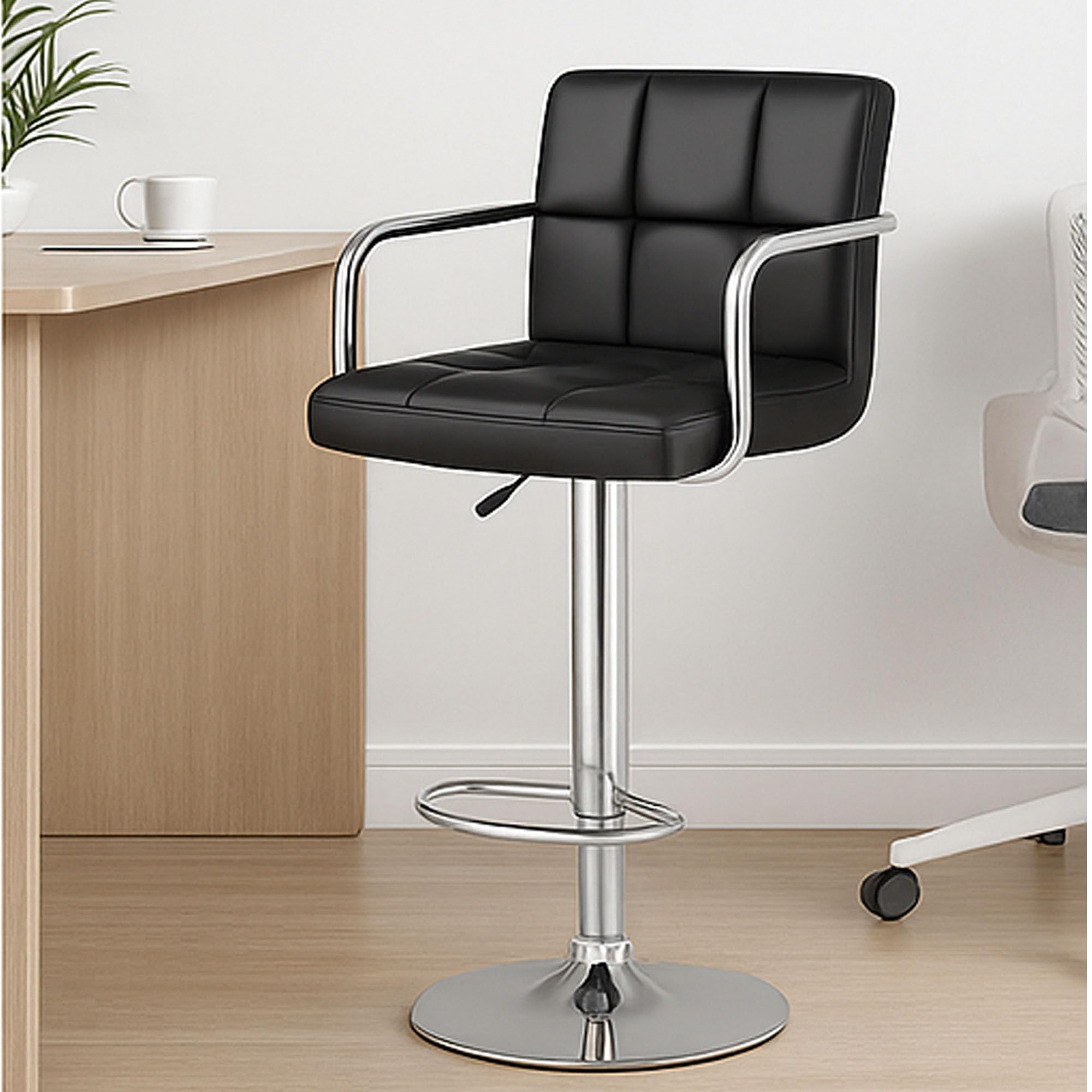 Nityam Modern Height Adjustable Revolving Bar Stool Chair with Arms, 360° Swivel, Black PU Leather, Chrome Base, for Home Office Restaurant Cafe Hotel Shop Counter (Color-Black)-image-14