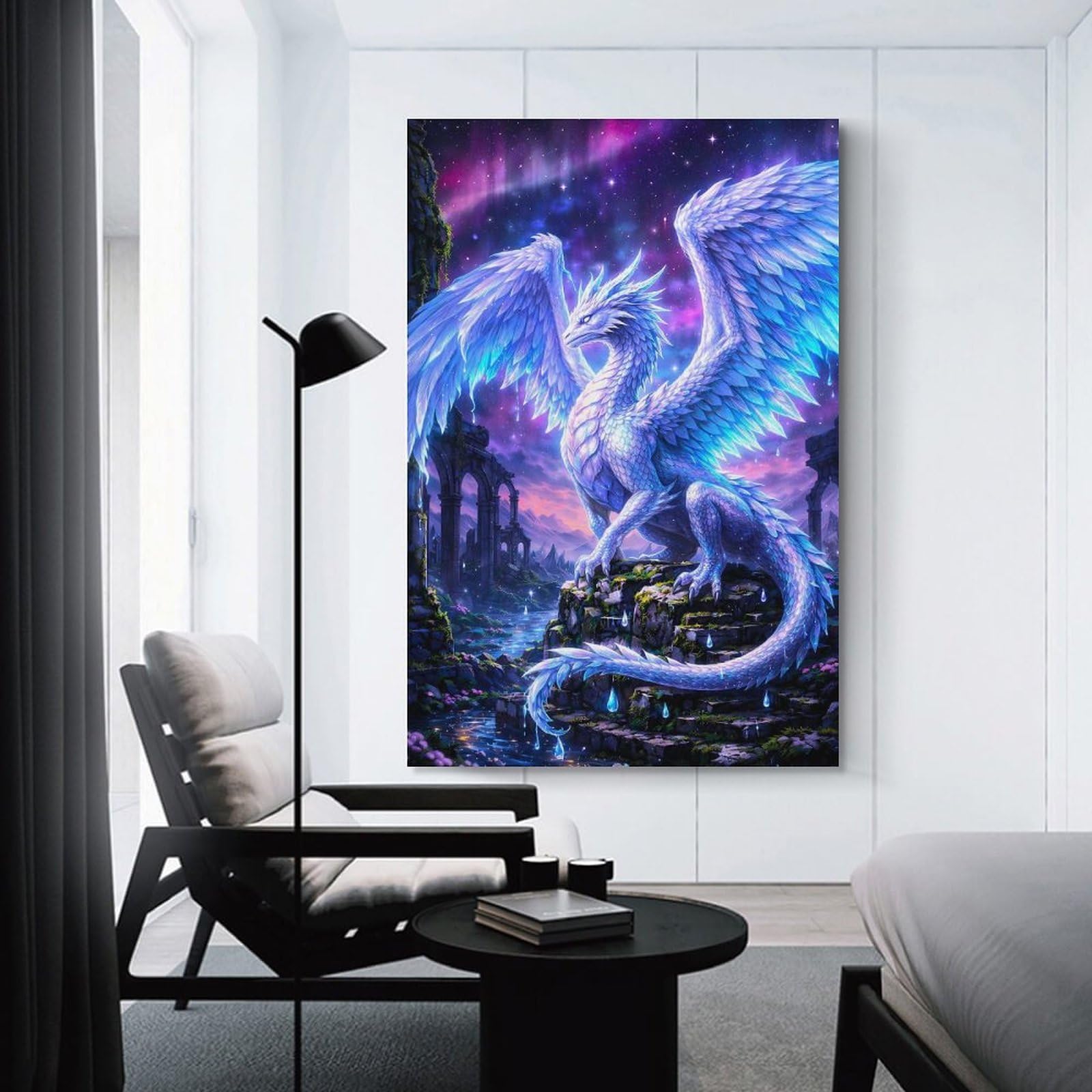 Junmoney Majestic White Dragon in A Mystical Landscape Decorative Wall Artwork, 20x30inch(50x75cm), for Corridors, Hallways Or Apartment Entries, Home Artwork for First Impressions