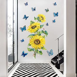 Sunflowers Wall Decals with 12 PCS 3D Butterfly Wall Stickers, Flying Blue 3D Butterflies Yellow Flowers Wall Stickers, Removable DIY Art Decor Murals Home Decoration for Bedroom, Nursery, TV Wall
