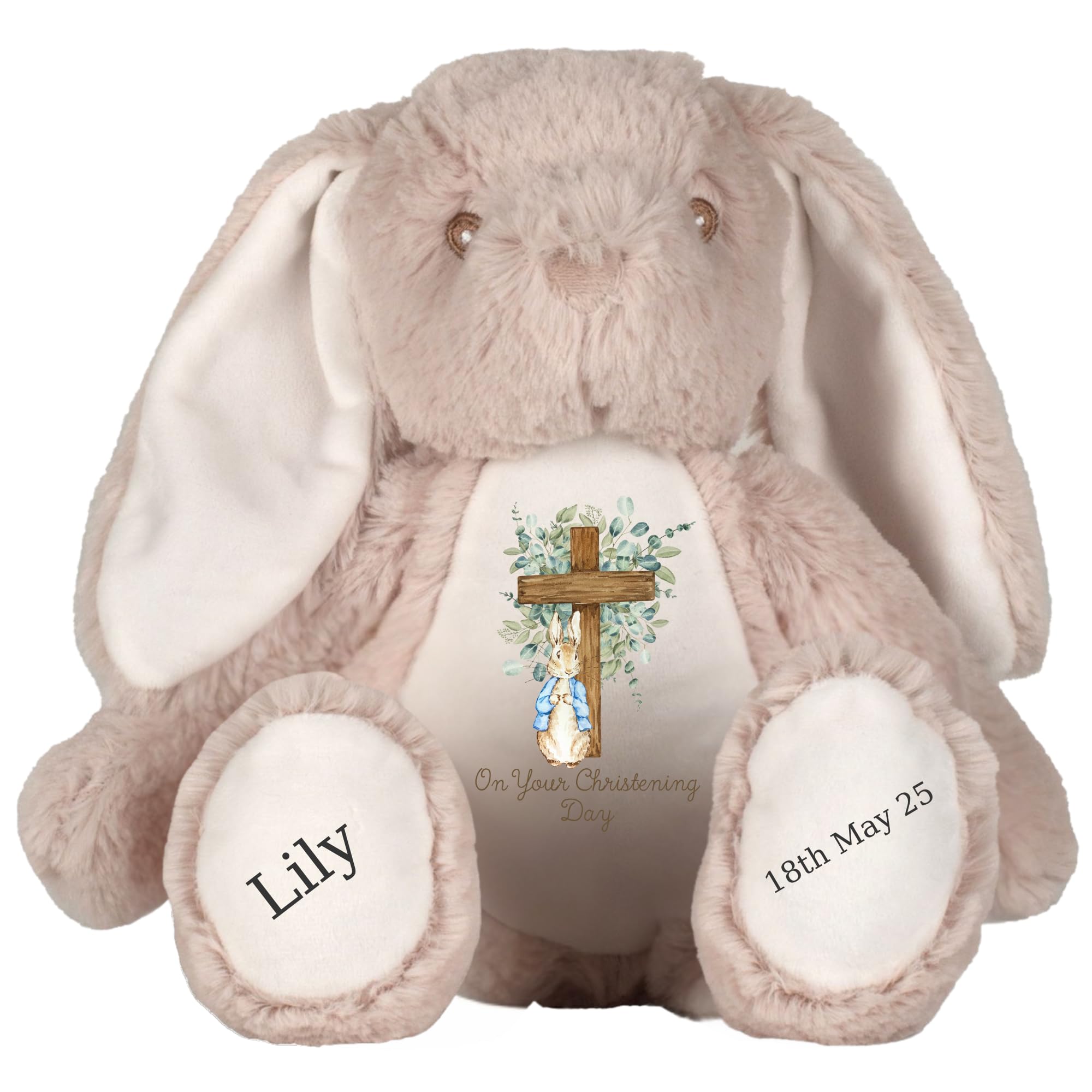 HotScamp Personalised Christening Bunny with Name - Peter Cross Rabbit On your Christening Day Soft Toy for Baby, Toddler, Kids, Child, Babies Baptism Church Spring Time - Pink Letter Brown Bunny — image 1